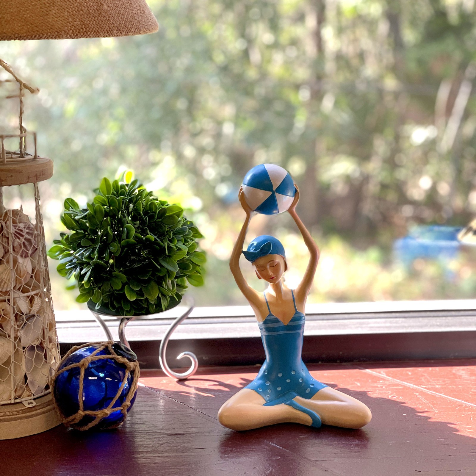 Zeckos Beach Beauty Girl Sunbathing Figurine Holding Beachball Decor 9.5 inch