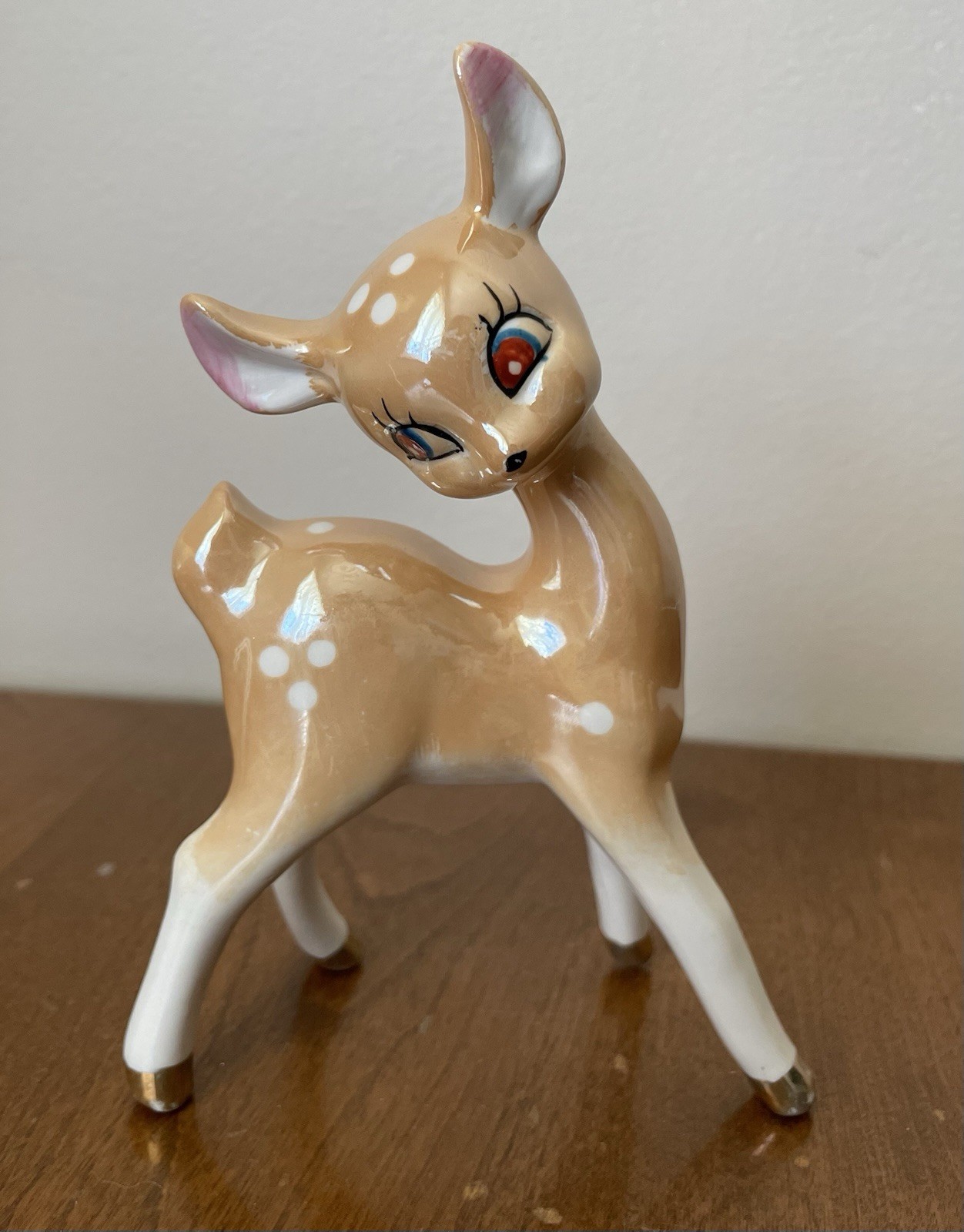 Vintage 1950s Lustreware Fawn Porcelain Cute Kitsch Baby Deer Figurine Gold Feet