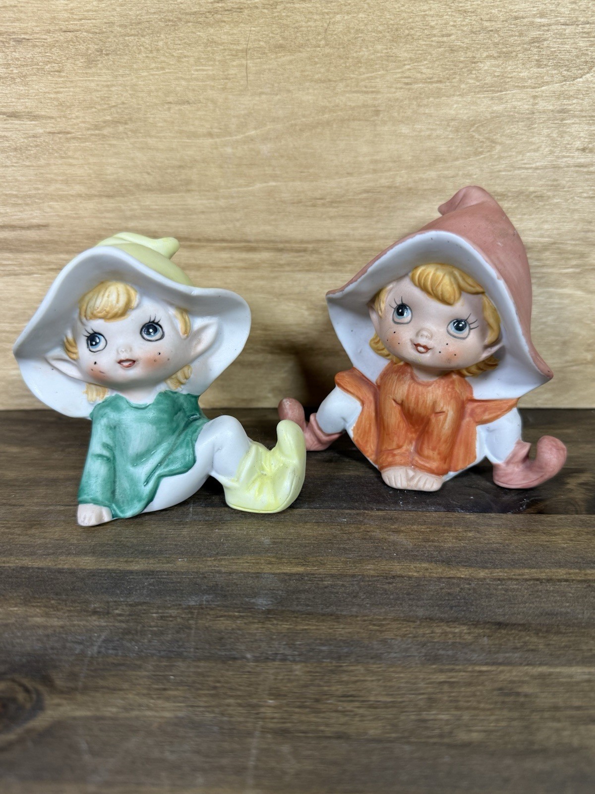 HOMCO Elf Pixie Figurines Set of 2 Vintage Sitting Girl Elves Pair Cottagecore