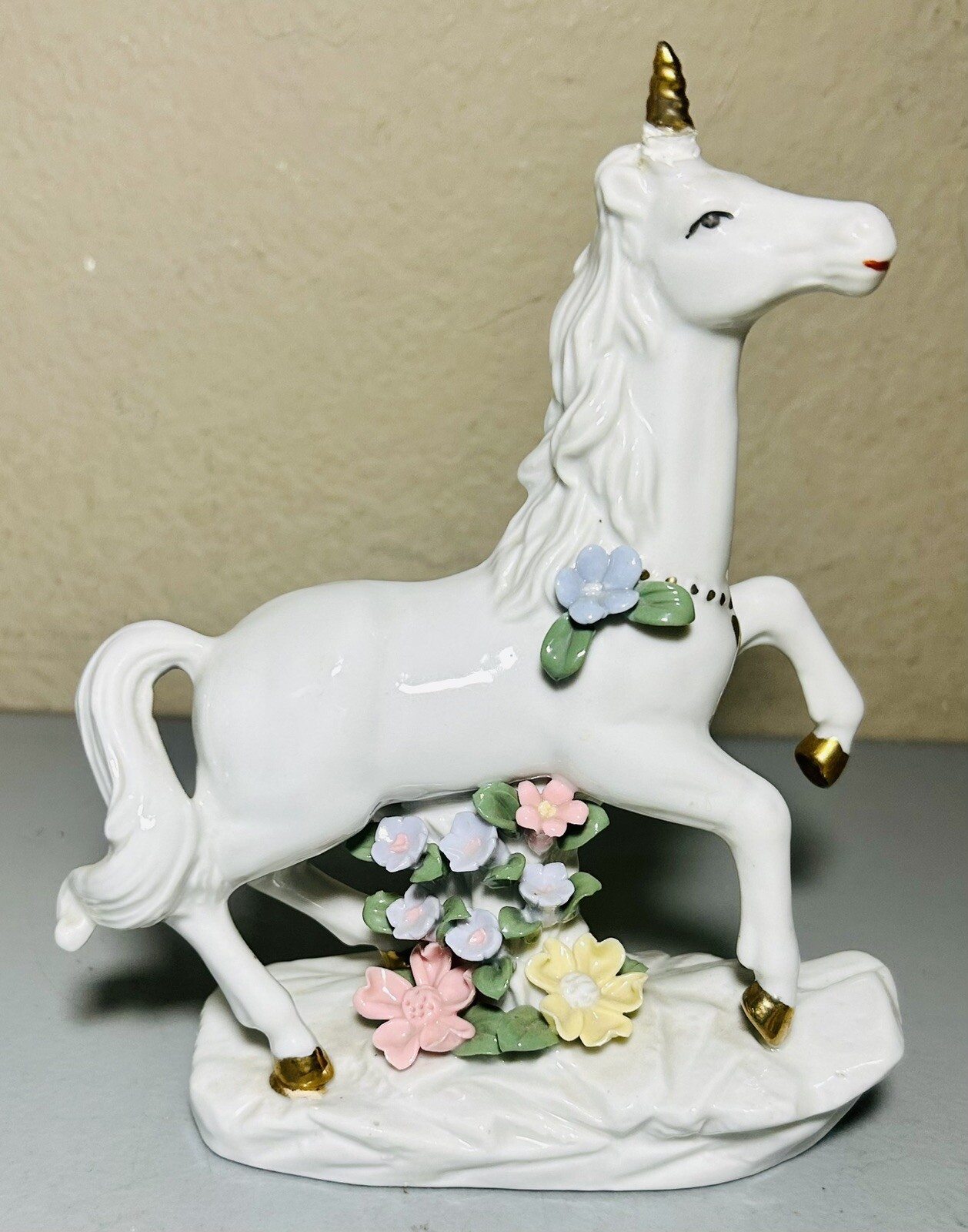 Vintage 7” Porcelain Unicorn Figurine Floral Decor 24K Gold Accents 15oz Cute!