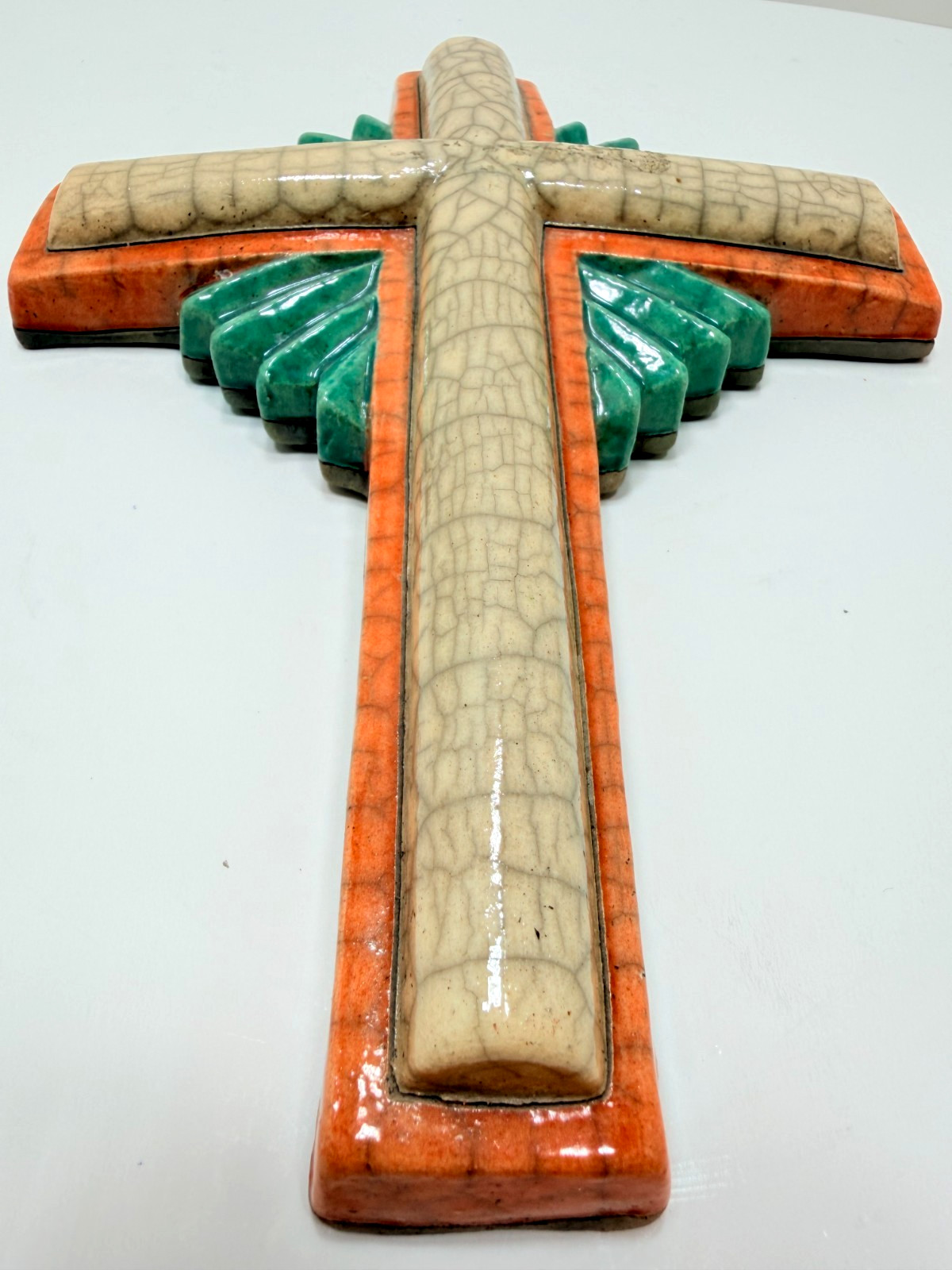 Vintage Glazed Crackled Ceramic Cross Handmade From South Africa Crucifix Decor