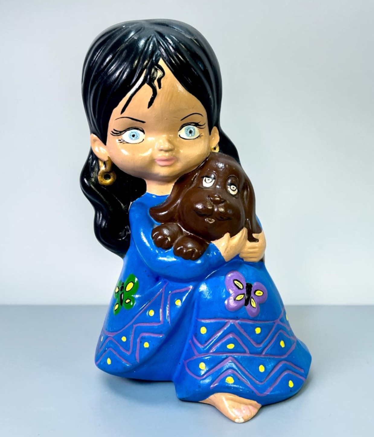 Vintage 1970s Big Eyed Girl Holding Puppy Dog Ceramic Figurine Hand Painted 8”