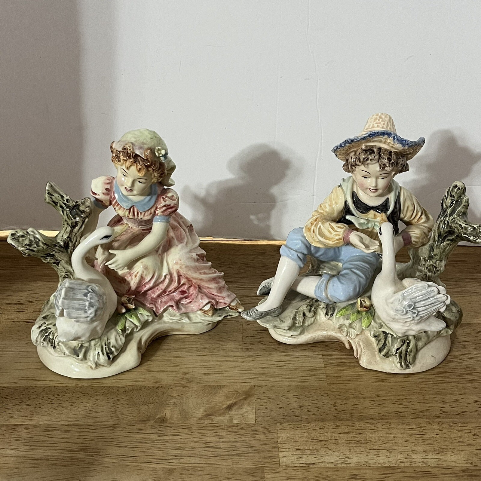 Porcelain Vintage Original Arco Boy Girl With Swan Set Of 2 Japan