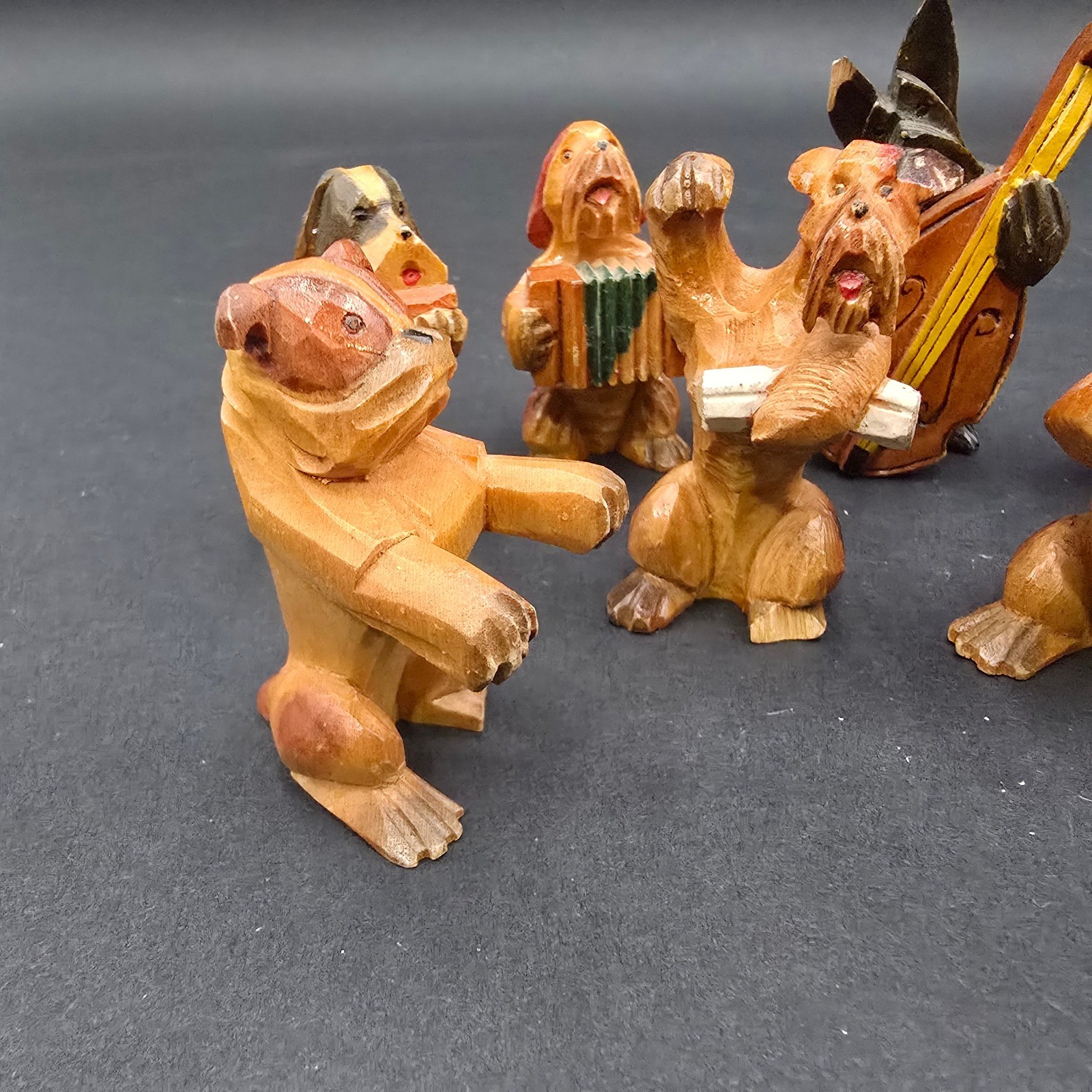 Vintage Hand Carved Wood Dog Band Figurines 8 Piece Set Musical Canine Orchestra