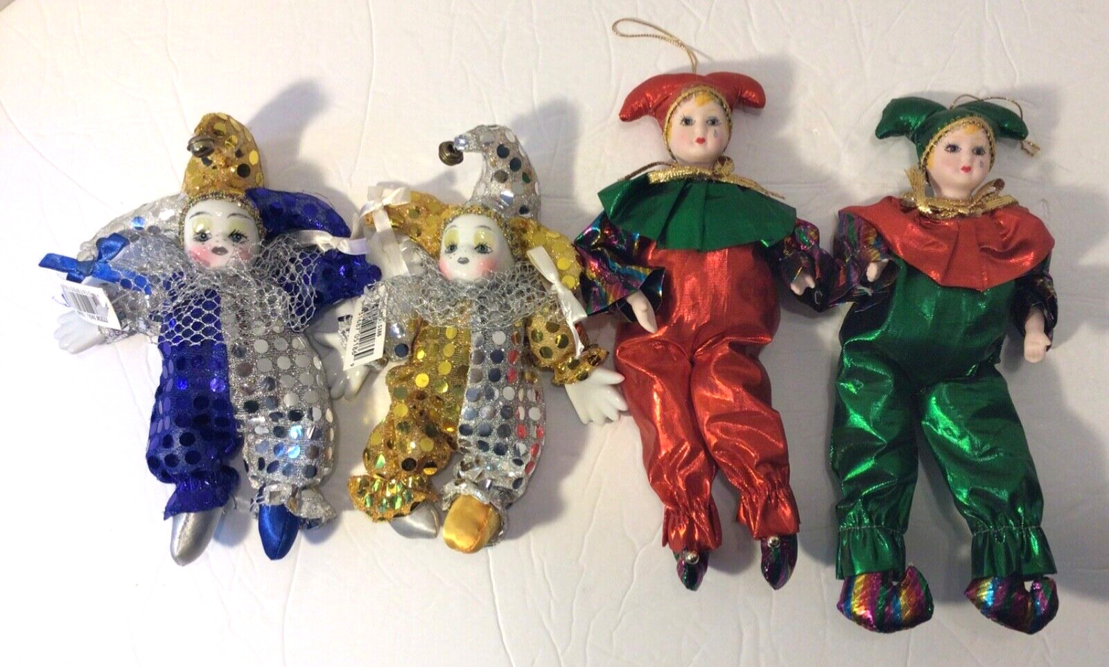 Lot of 4 Jester Clown Dolls Porcelain/Ceramic Face Hands Cloth Body