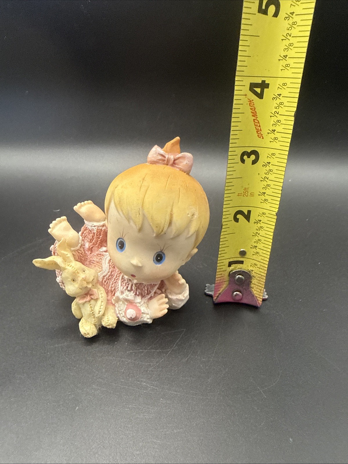 Enesco Style Nursery Figurine Girl With Bunny VTG Blue Eyed Blond Baby Girl