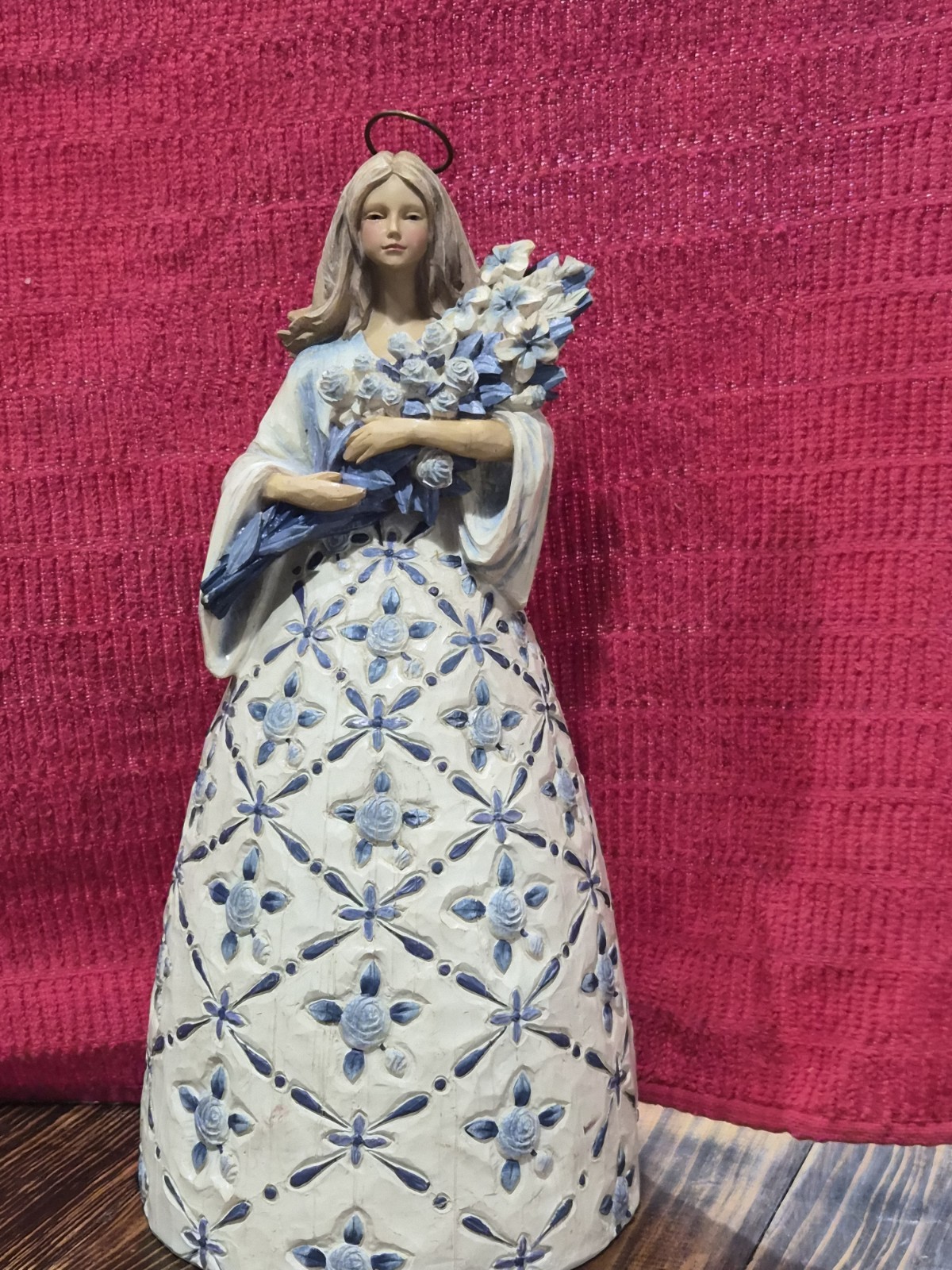 Blue & White Ceramic Angel Figurine w/ Halo Holding Flowers, Hand Painted