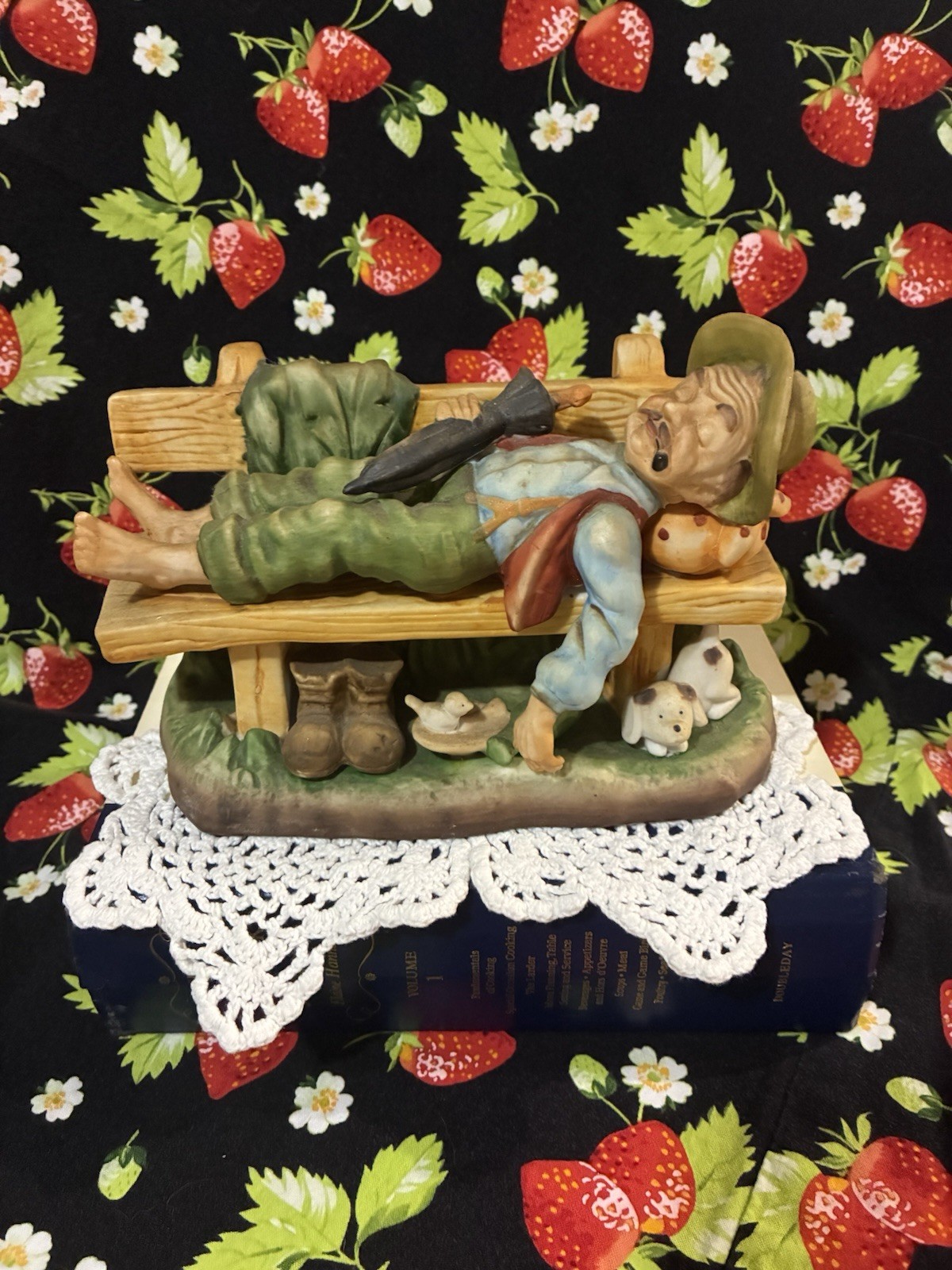 Painted Multicolor Ceramic Sleeping Man on Bench with Dog Figurine