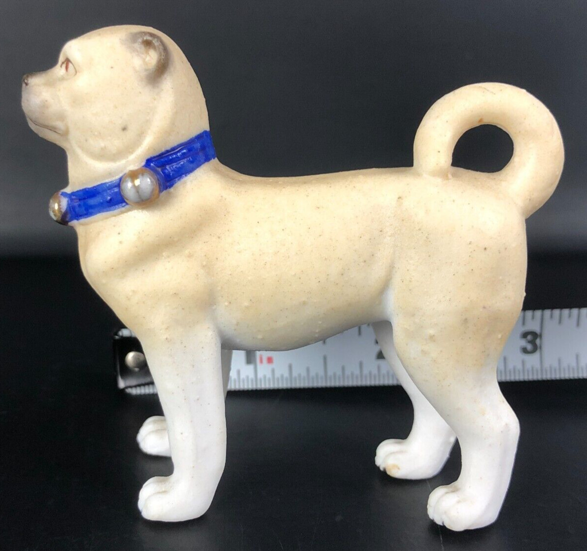 ANTIQUE 1900S PUG DOG Figure Victorian Dollhouse Miniature Bisque Figurine 2.50″