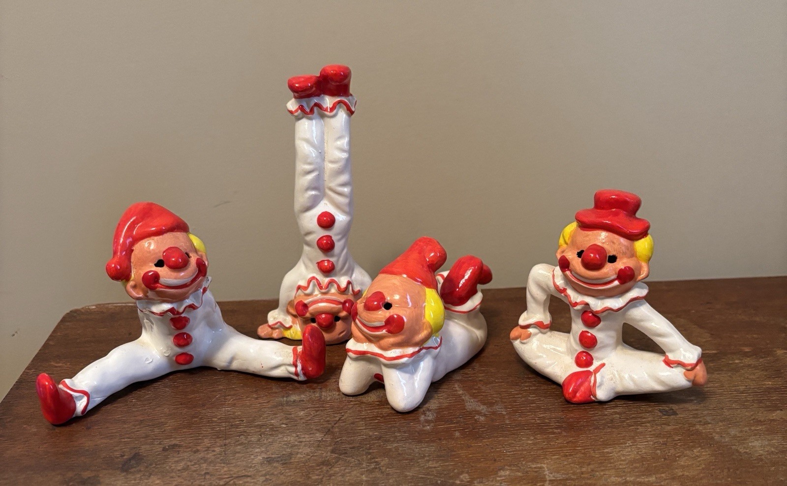 Vintage Set of 4 Acrobatic Clowns Ceramic Figurines Red & White Fun!