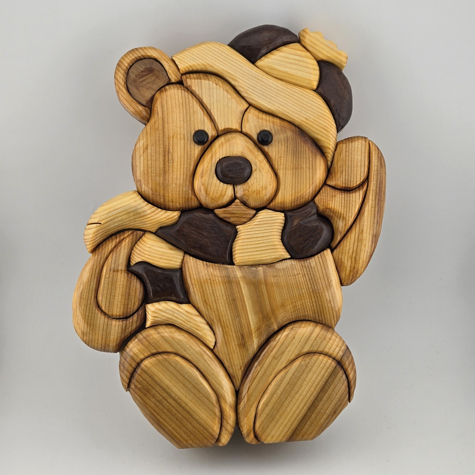 Vtg Intarsia Wood Teddy Bear Figurine 10″ Nursery Decor Kids Room Art Handmade