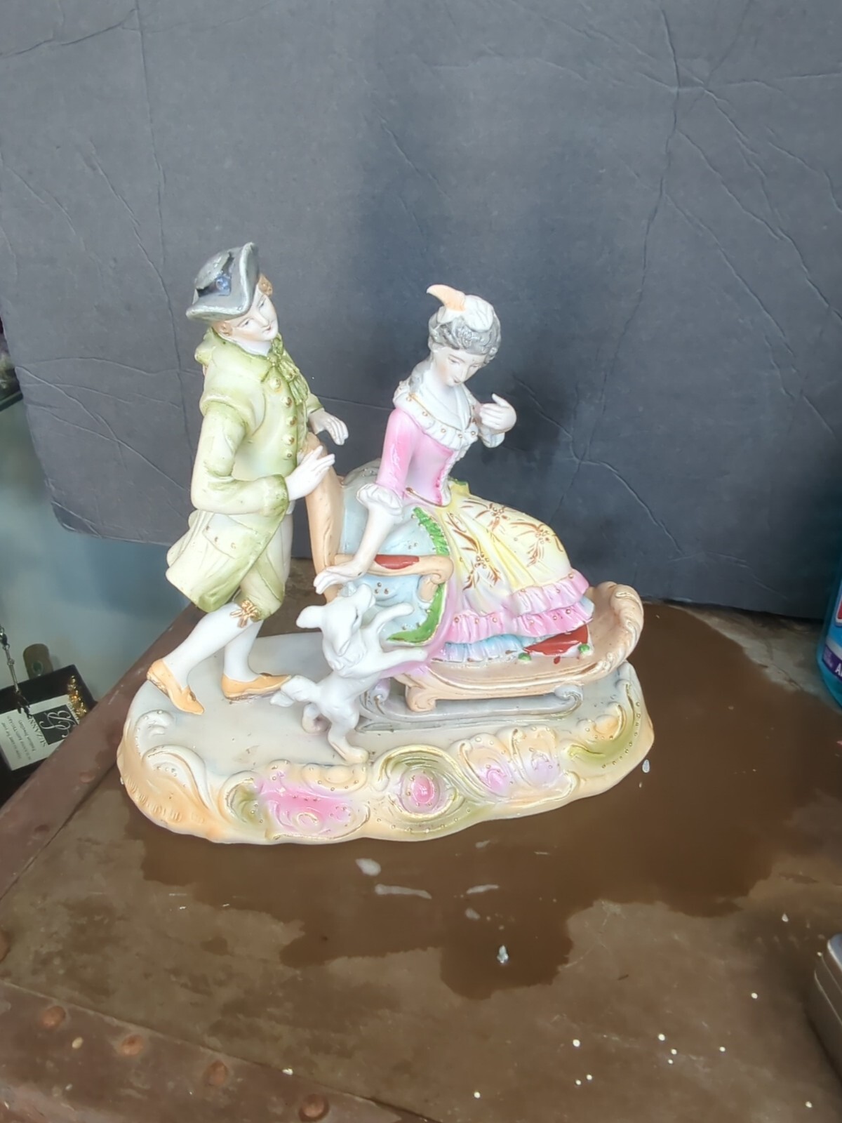 Antique Victorian Bisque Fancy lady man dog Figures Figurine German Statue