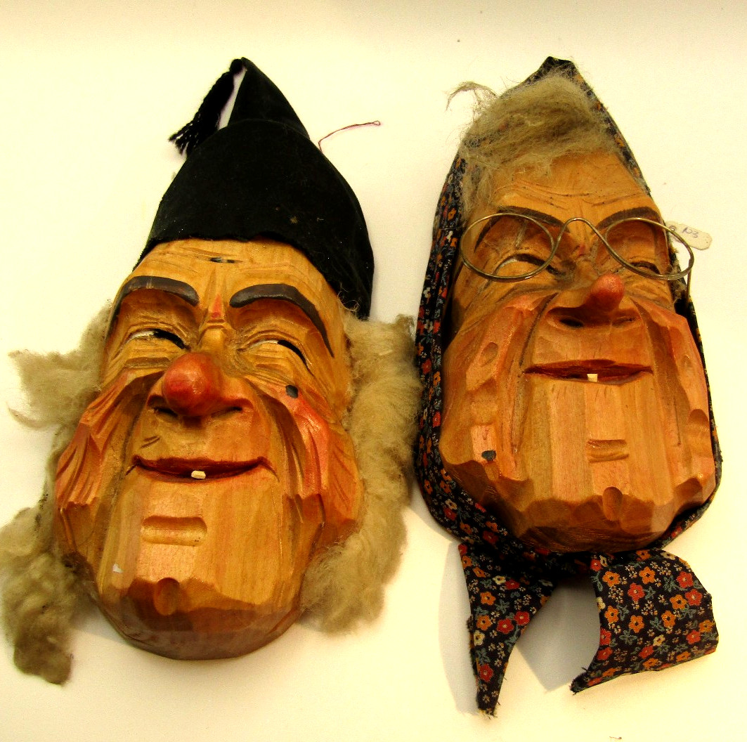 TWO (2) KRIENS VINTAGE WOODEN WALL MASKS, FOLK ART SWITZERLAND 7.5 IN