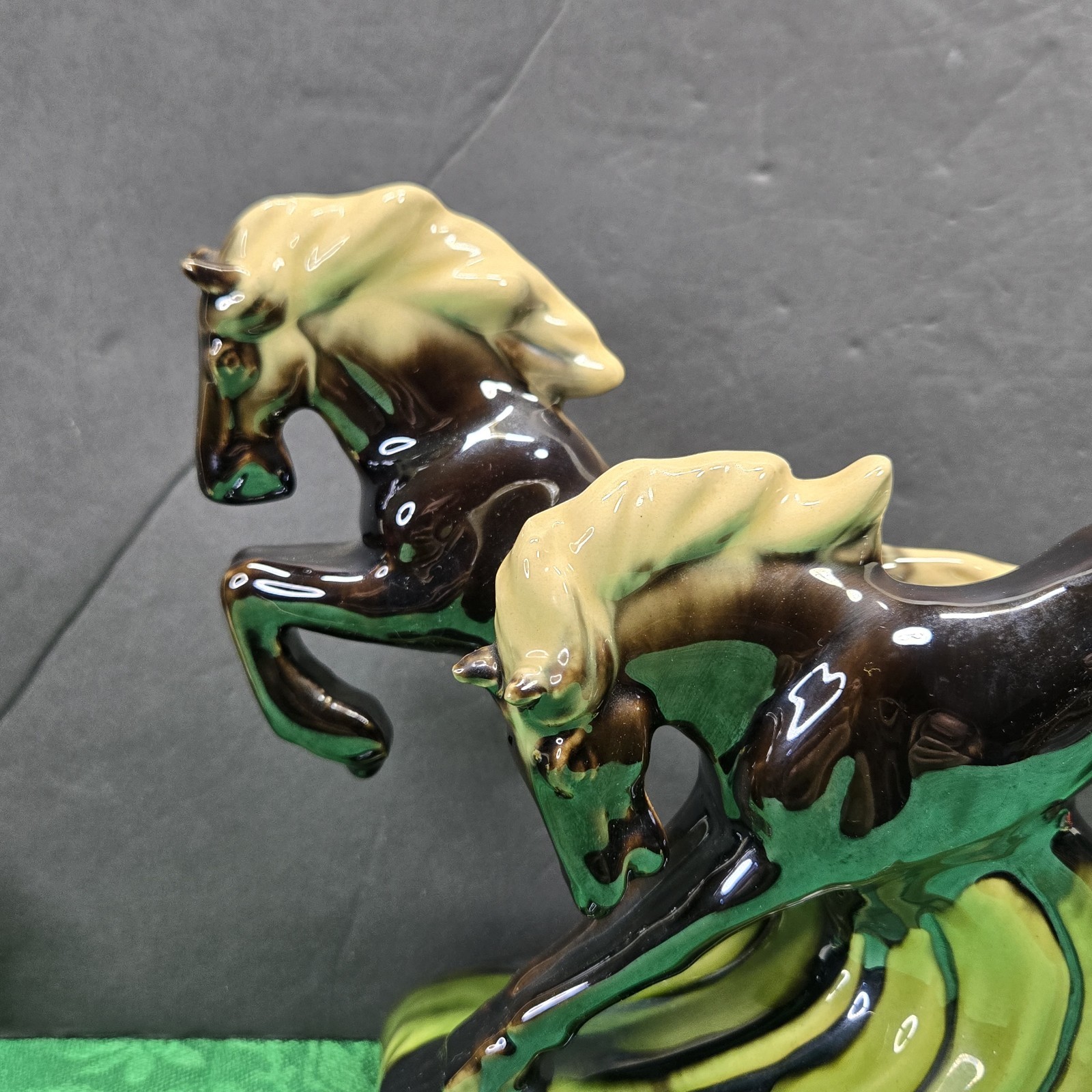 Double Horse Galloping Glazed Ceramic Figurine MCM Art Deco Black & Green Nice!!