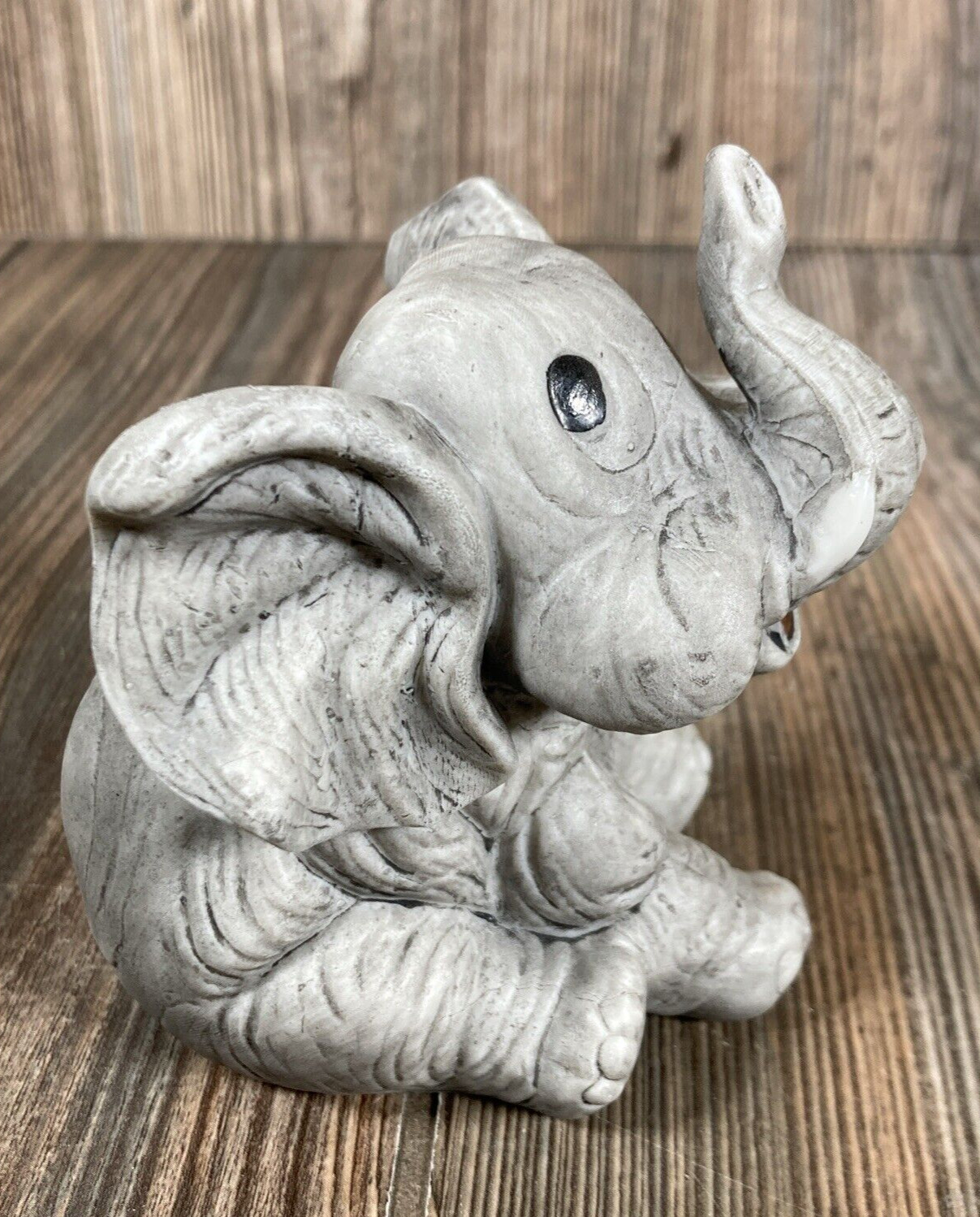 Elephant Baby Sitting Figurine Ceramic Trunk Up Gray Hand Painted 4in Taiwan