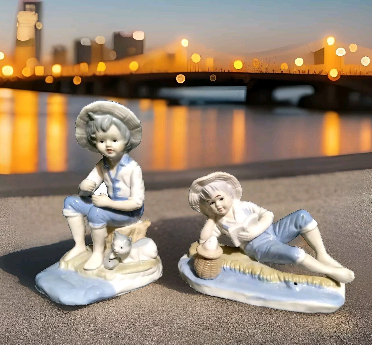 2 Ceramic Figurine Young Boy Gone Fishing