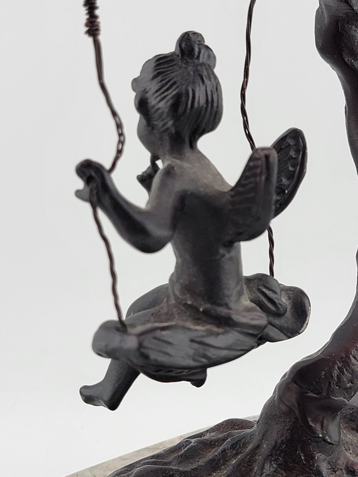 Antique Bronze Statue After Moreau Angel Swinging from Tree On A Marble Base.