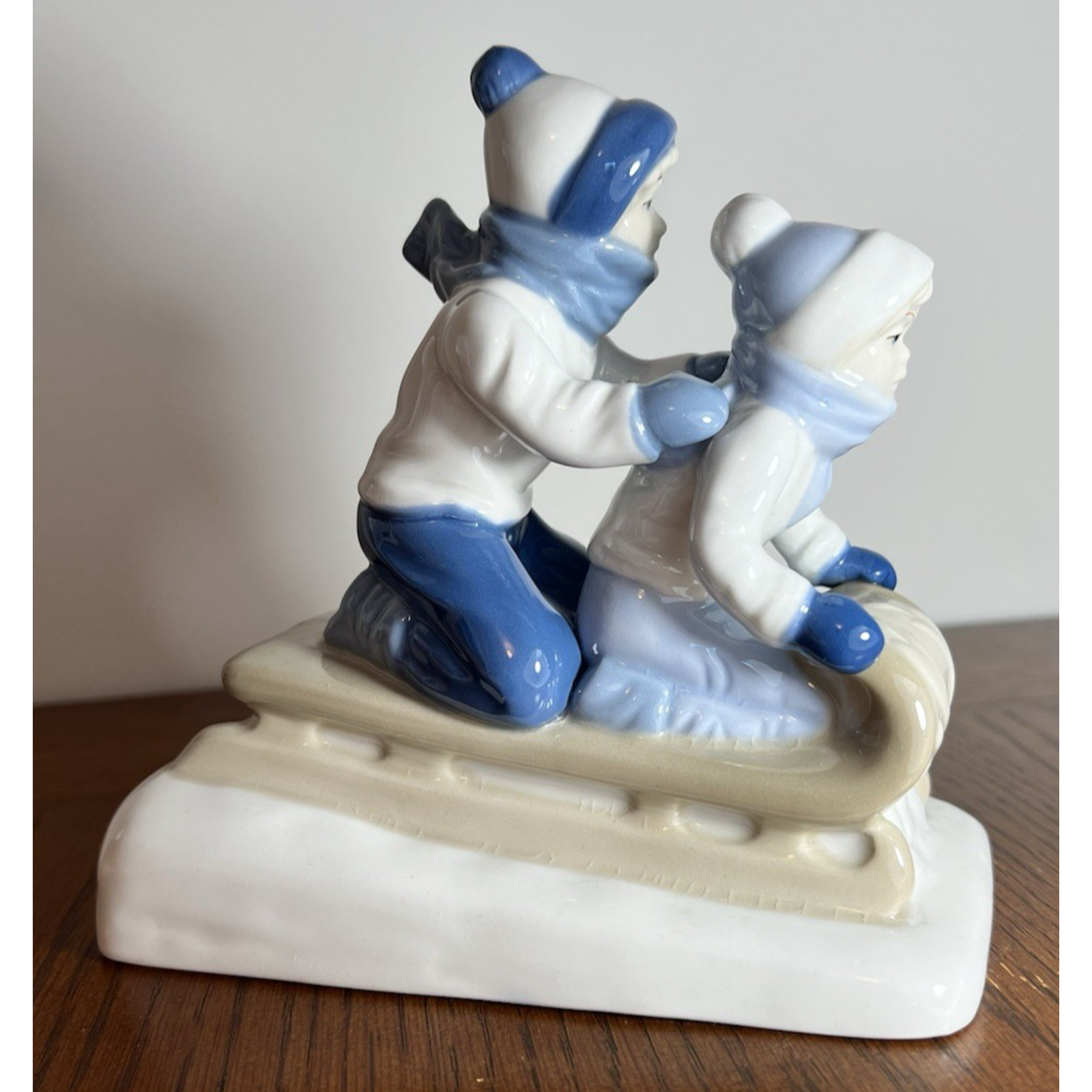 Paul Sebastian Porcelain Figurine Two Children Sledding Winter Scene 1992