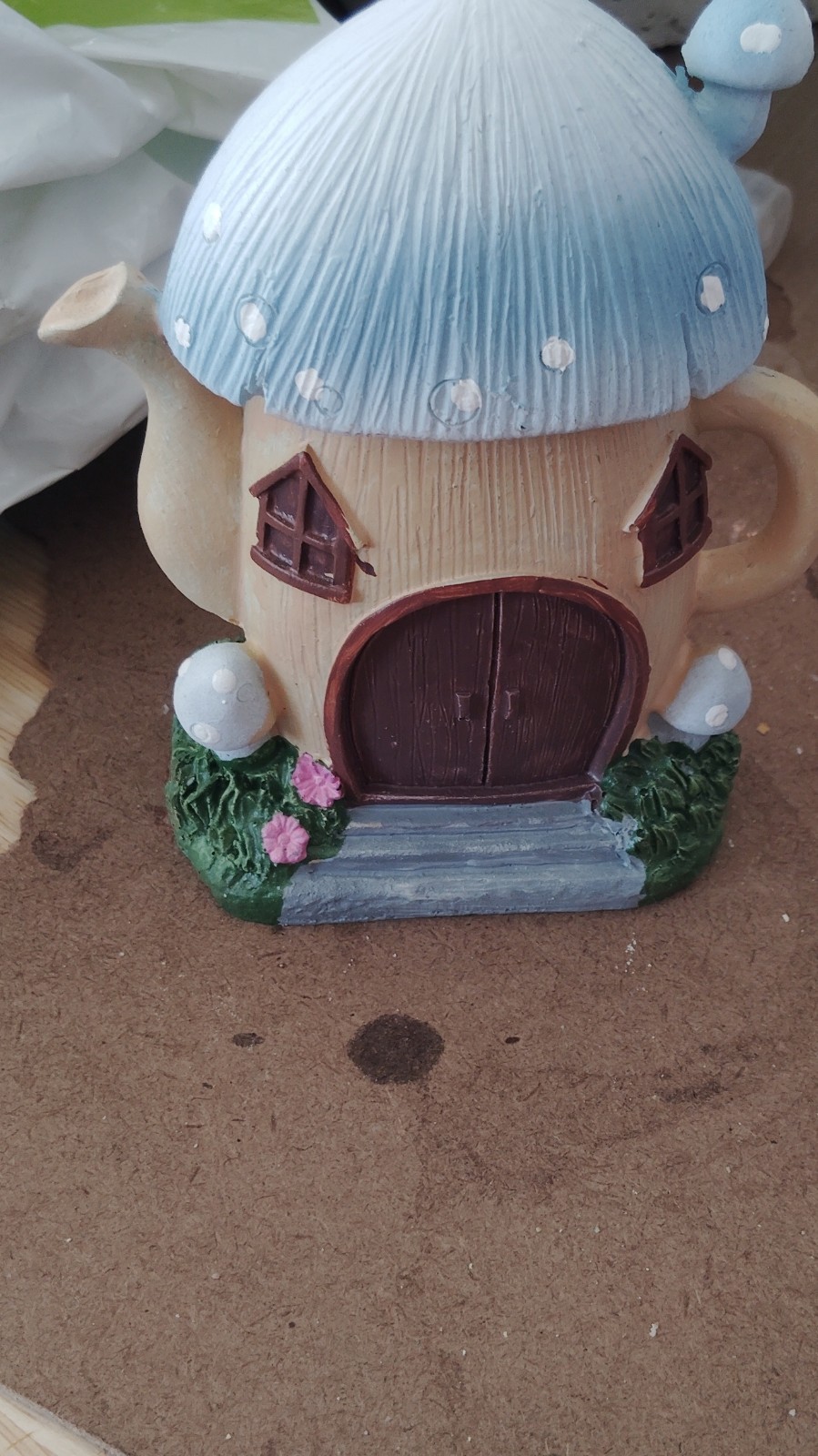 Fairy Garden Forest Mushroom Cottage Resin Figurine Blue Beige Brown Green