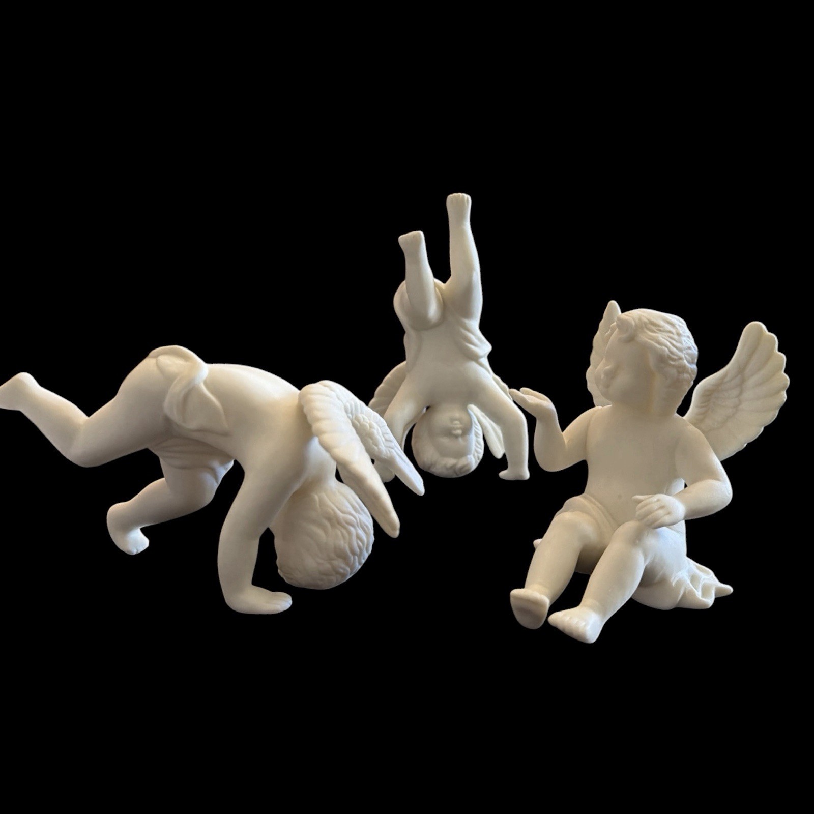 2 Tumbling 1 Sitting Cherub Angel White Matte Ceramic Figurines Coquette Small ￼