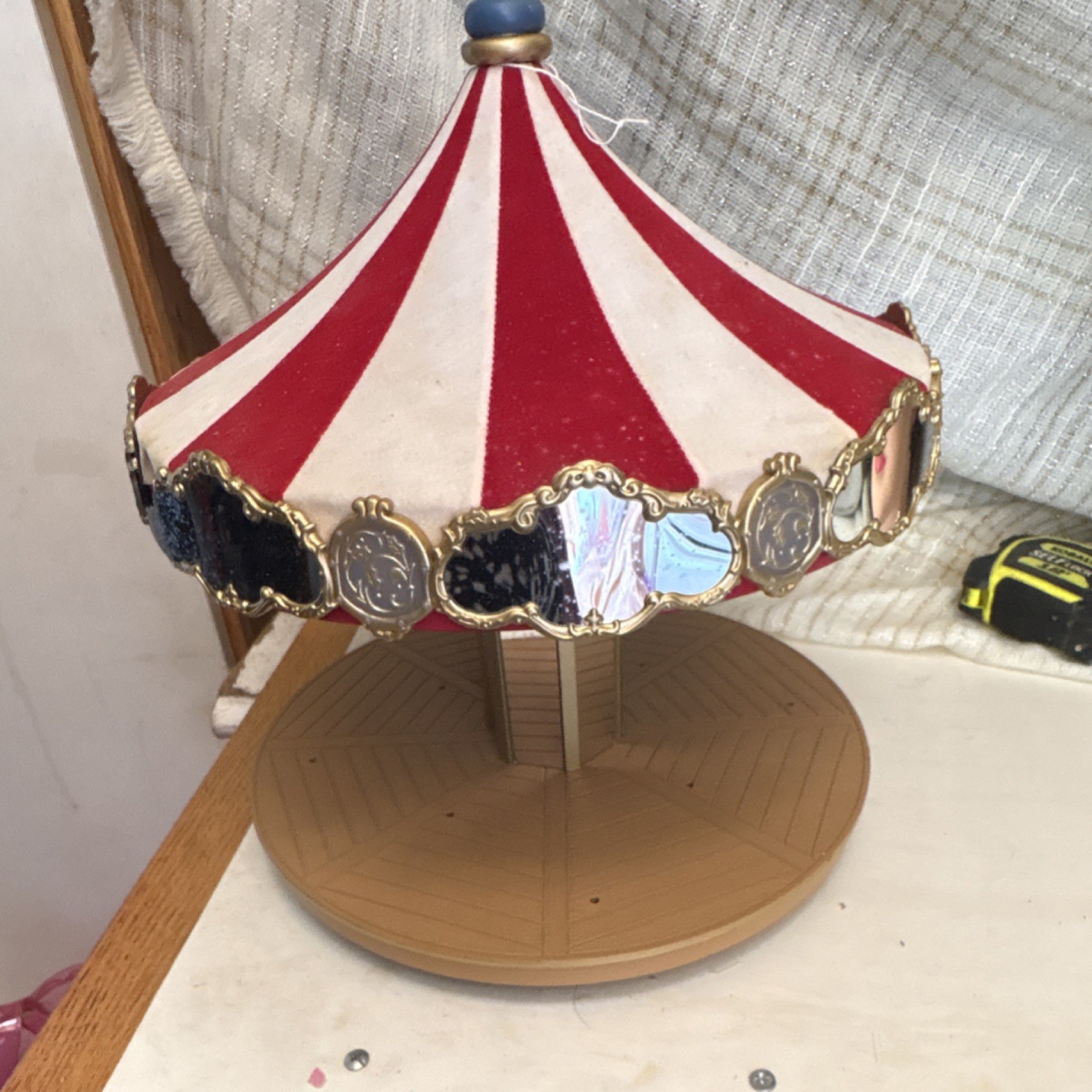 Red White Gold Striped Mirrored Carousel Figurine Plastic Circus Theme 11in