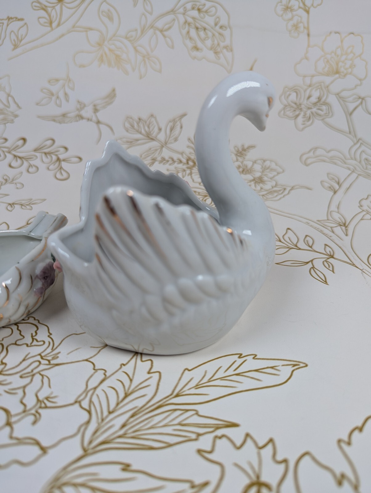 Swan Ashtray & Trinket Dish Japan Gold Accent Flowers Set Of 2 Porcelain Vintage