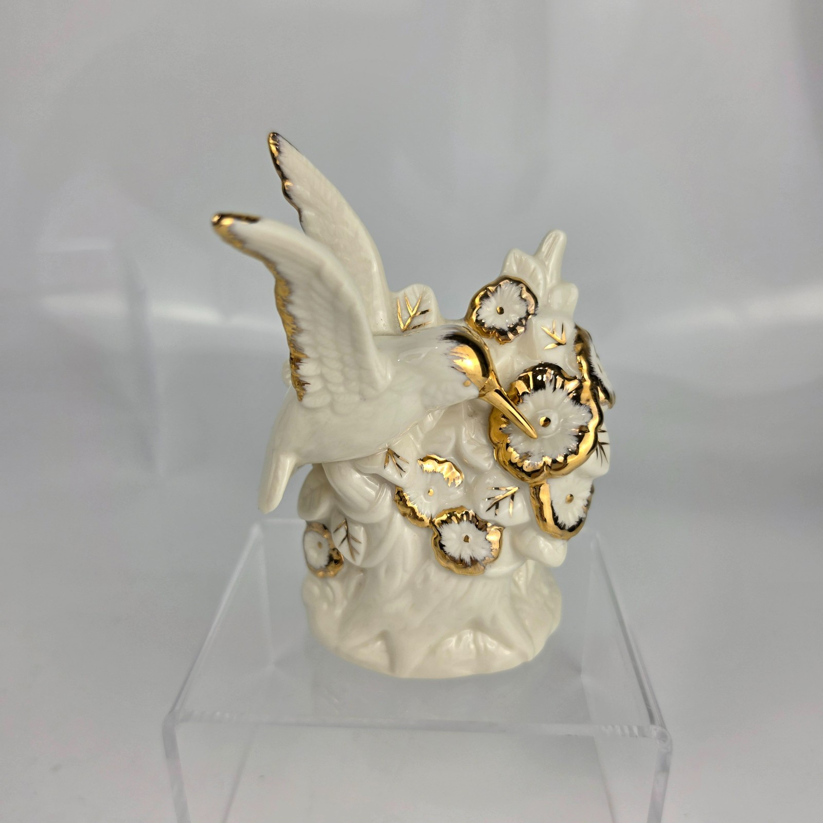Lenox-Style Ivory Porcelain Hummingbird Figurine Gold Accents Flowers Branch