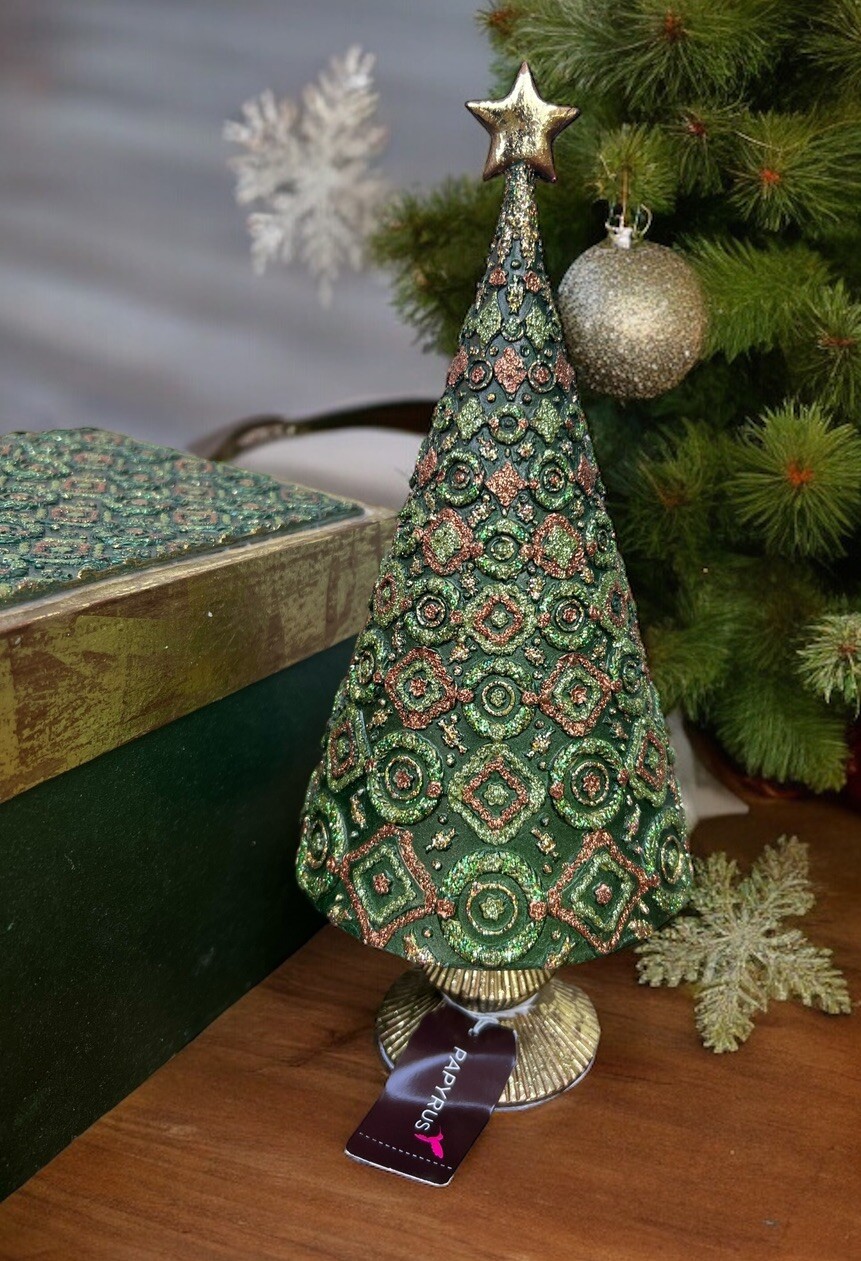 Green Copper Gold Resin Glittered Cone Tree On Base Matching Decorative Box NOS