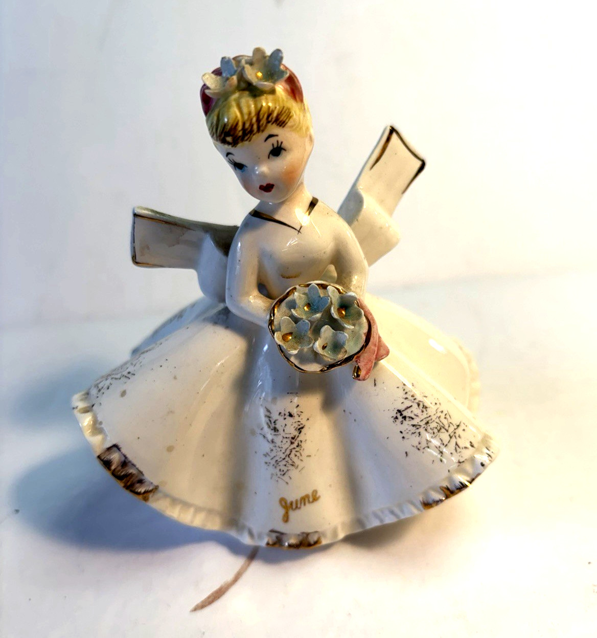 Vintage Lefton Japan June Birthday Girl Or Bride Figurine Applied Flowers #1853