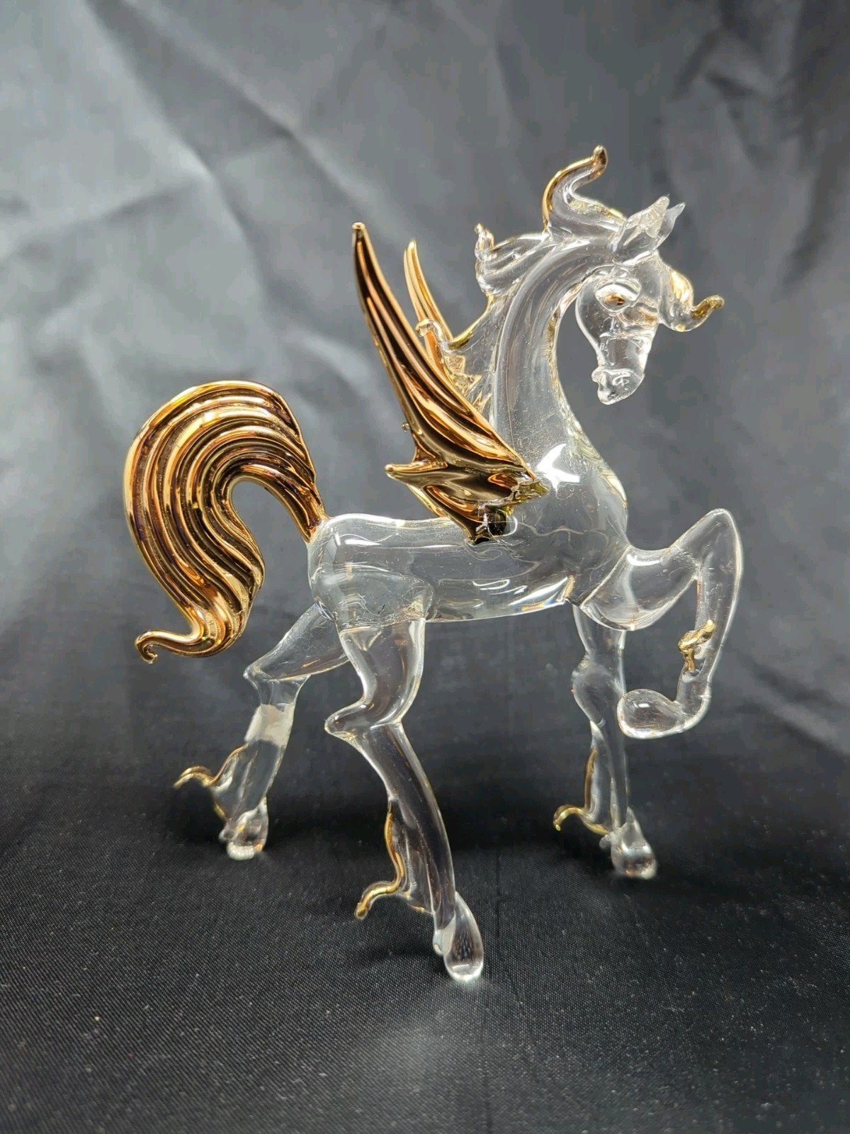 Clear Glass Flying Horse Figurine Gold Glass Horse W/ Wings Pegasus Figure New