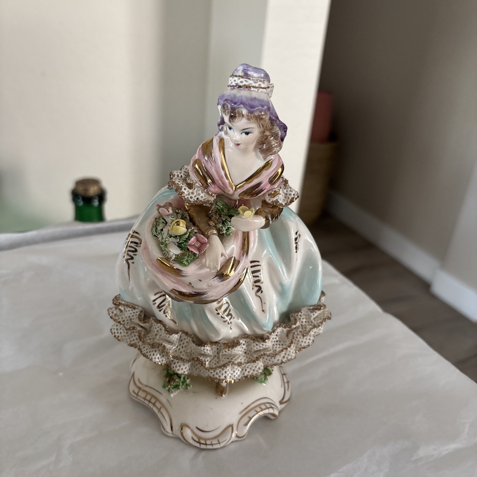 Vintage Wales Made Handpainted Japan Porcelain Flower Girl Lady Figurine 8 in