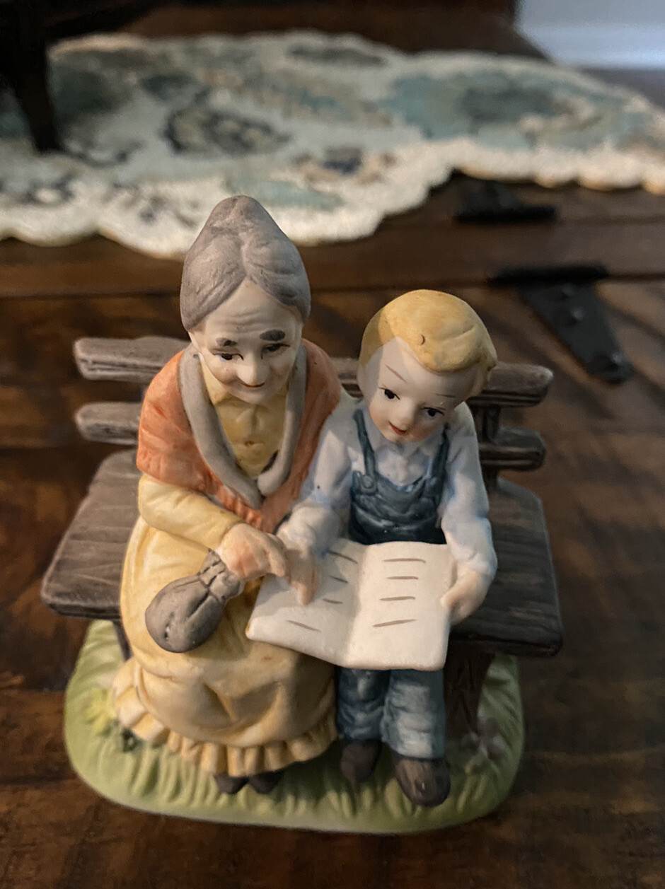 Vintage Lefton Woman And Boy On Bench Reading Book Hand Painted Figurine 5989