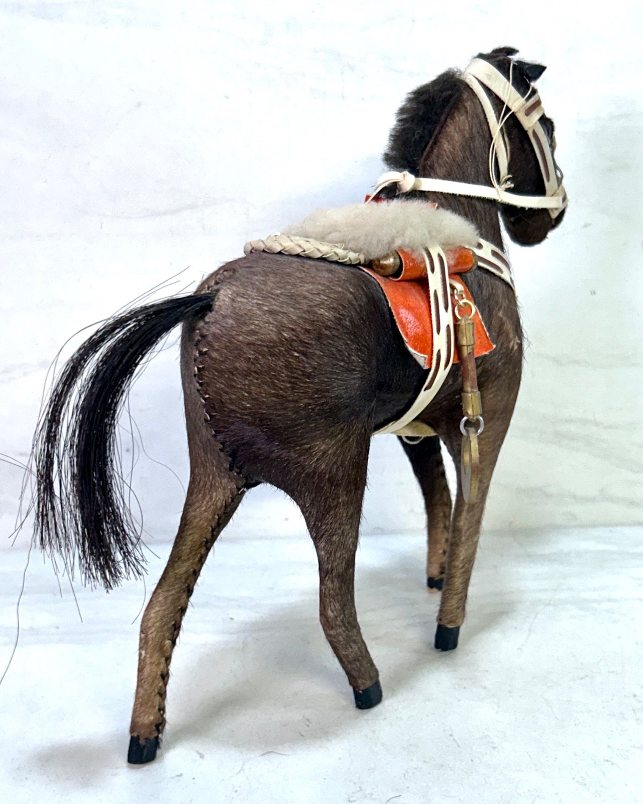 Antique Vintage German Hide Covered Toy Horse Figurine Real Fur Hair Glass Eyes