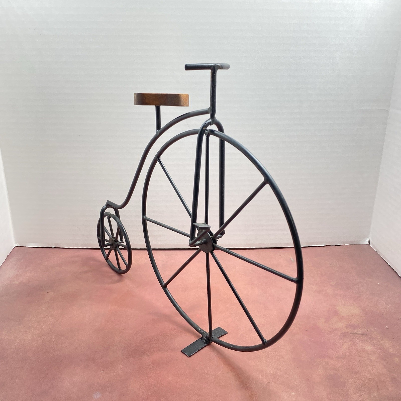 Vtg Style 12″ Penny Farthing Bicycle Metal Sculpture Wooden Seat Freestanding
