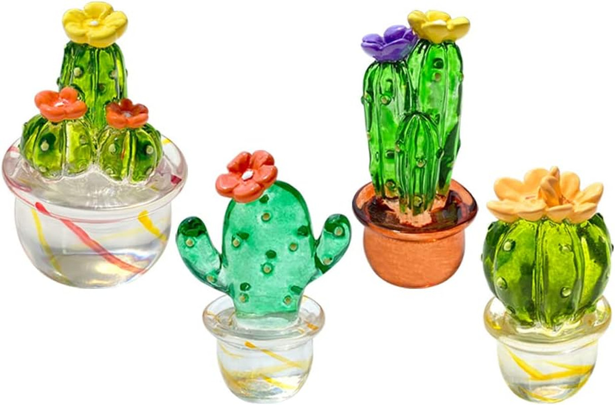 4PCS Handmade Blown Glass Art Cactus Cute Crystal Miniature Cactus Figurines Hom
