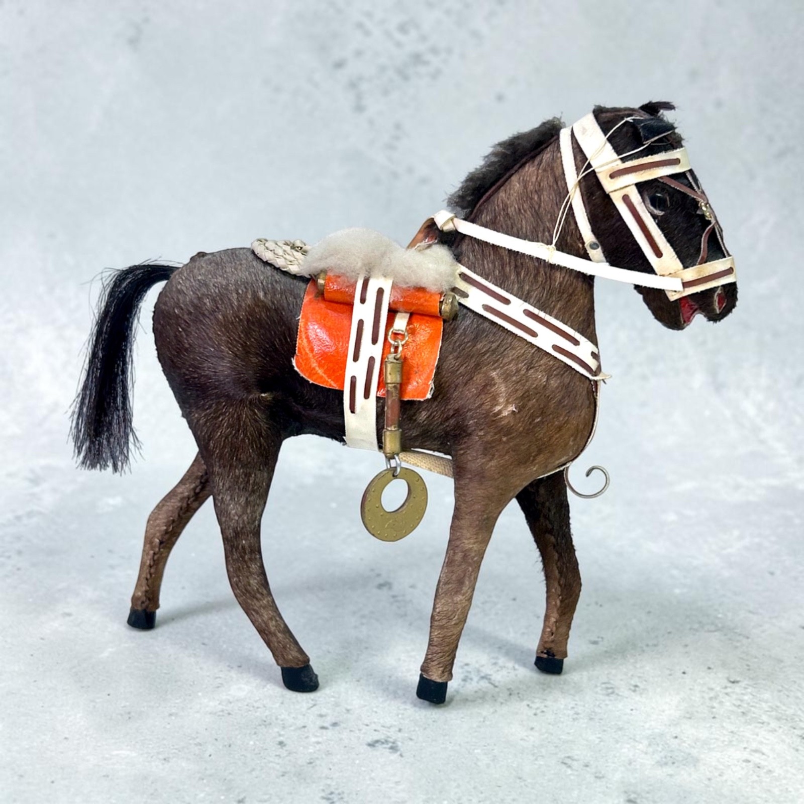 Antique Vintage German Hide Covered Toy Horse Figurine Real Fur Hair Glass Eyes