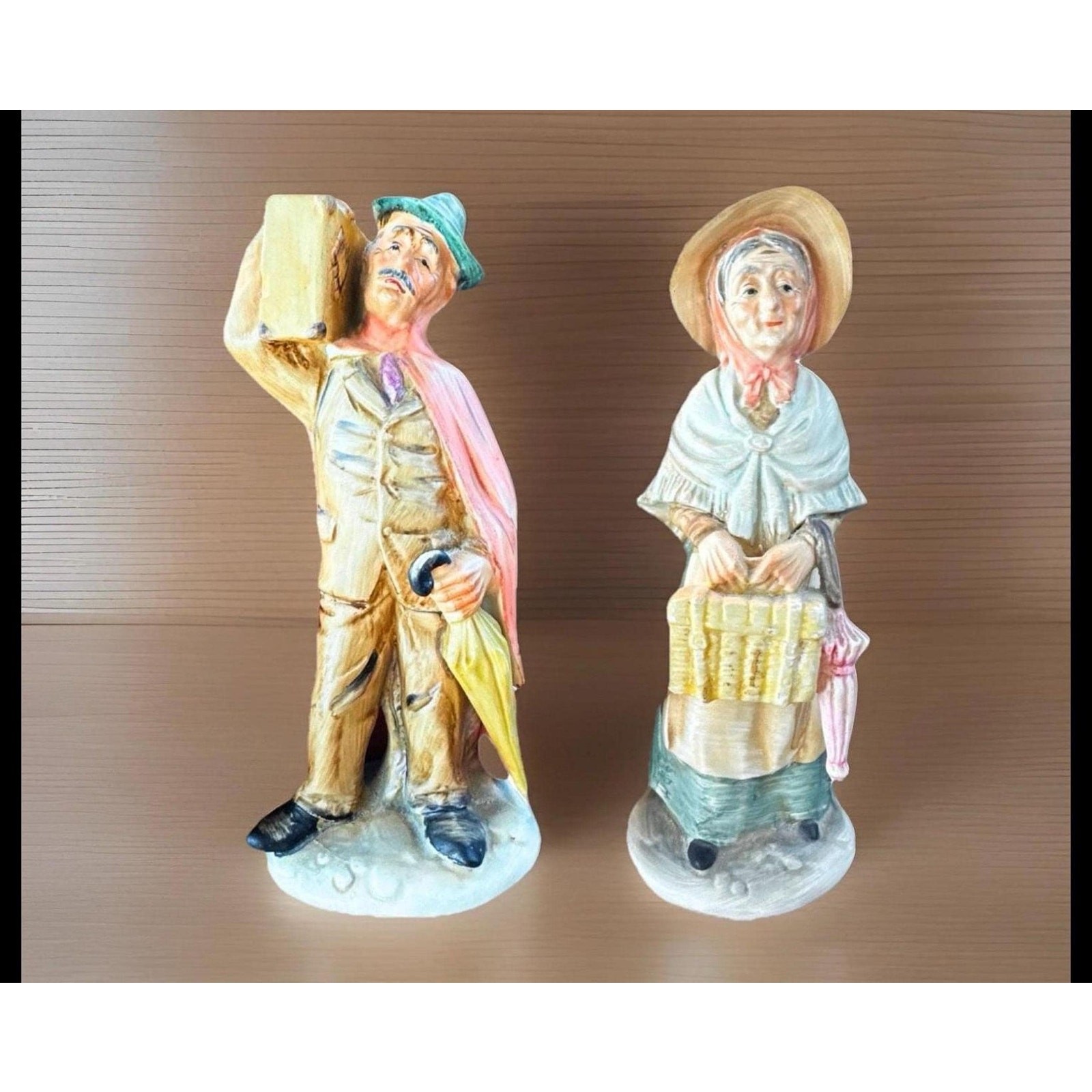 Antique Hand-Painted Market Man & Women Figurines Made in Japan Mid-Century