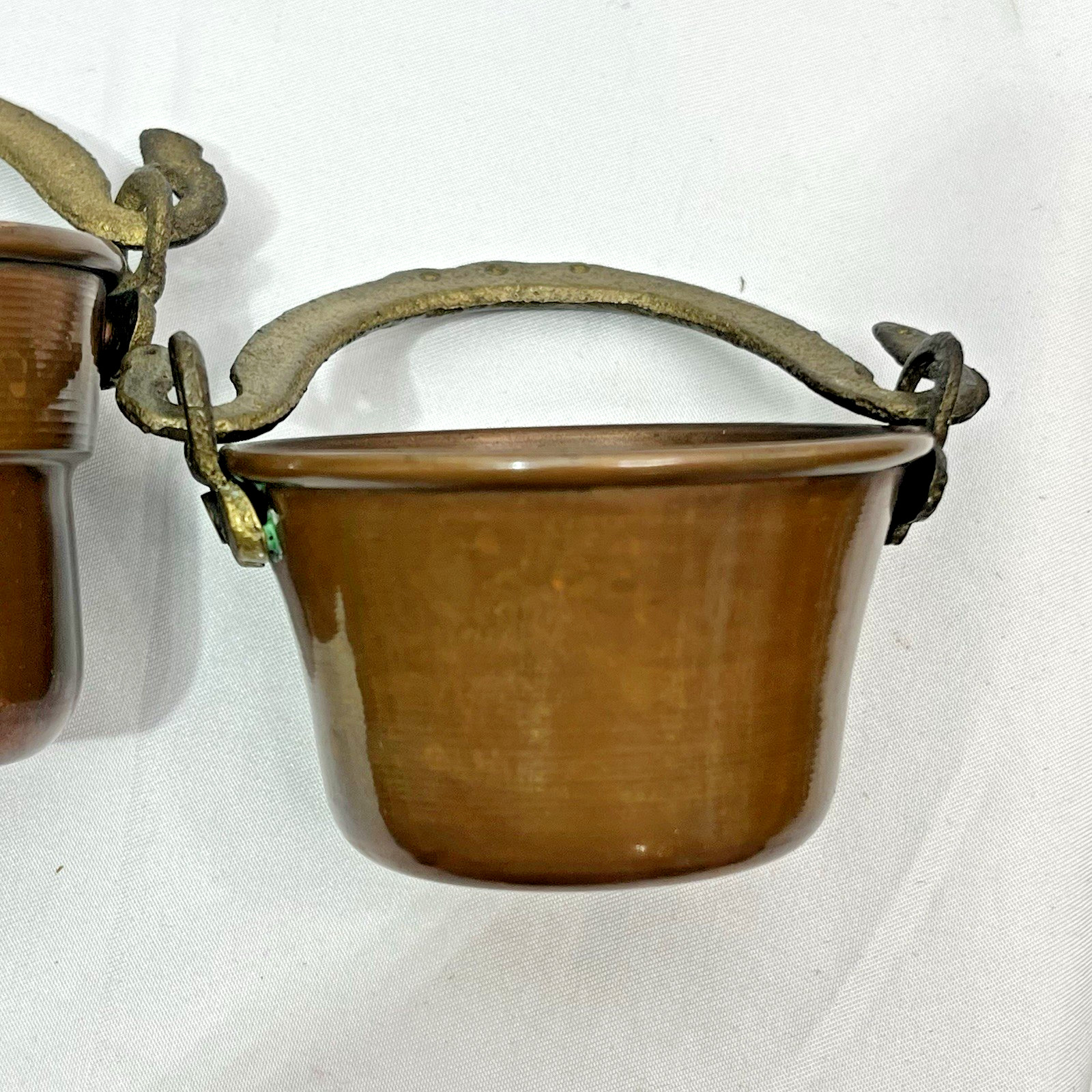 2 Vintage Copper Bucket Pail Rivet Brass Handle Tapered Miniature 1.5-1.75 tall