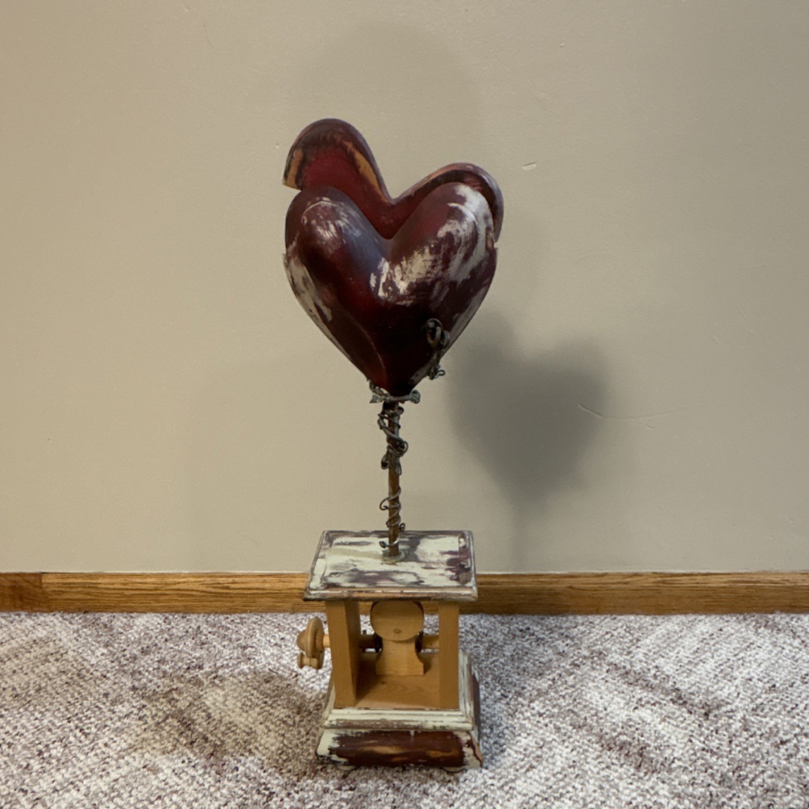 Distressed Heart Carved Wood Metal Figurine Sculpture for Any Room