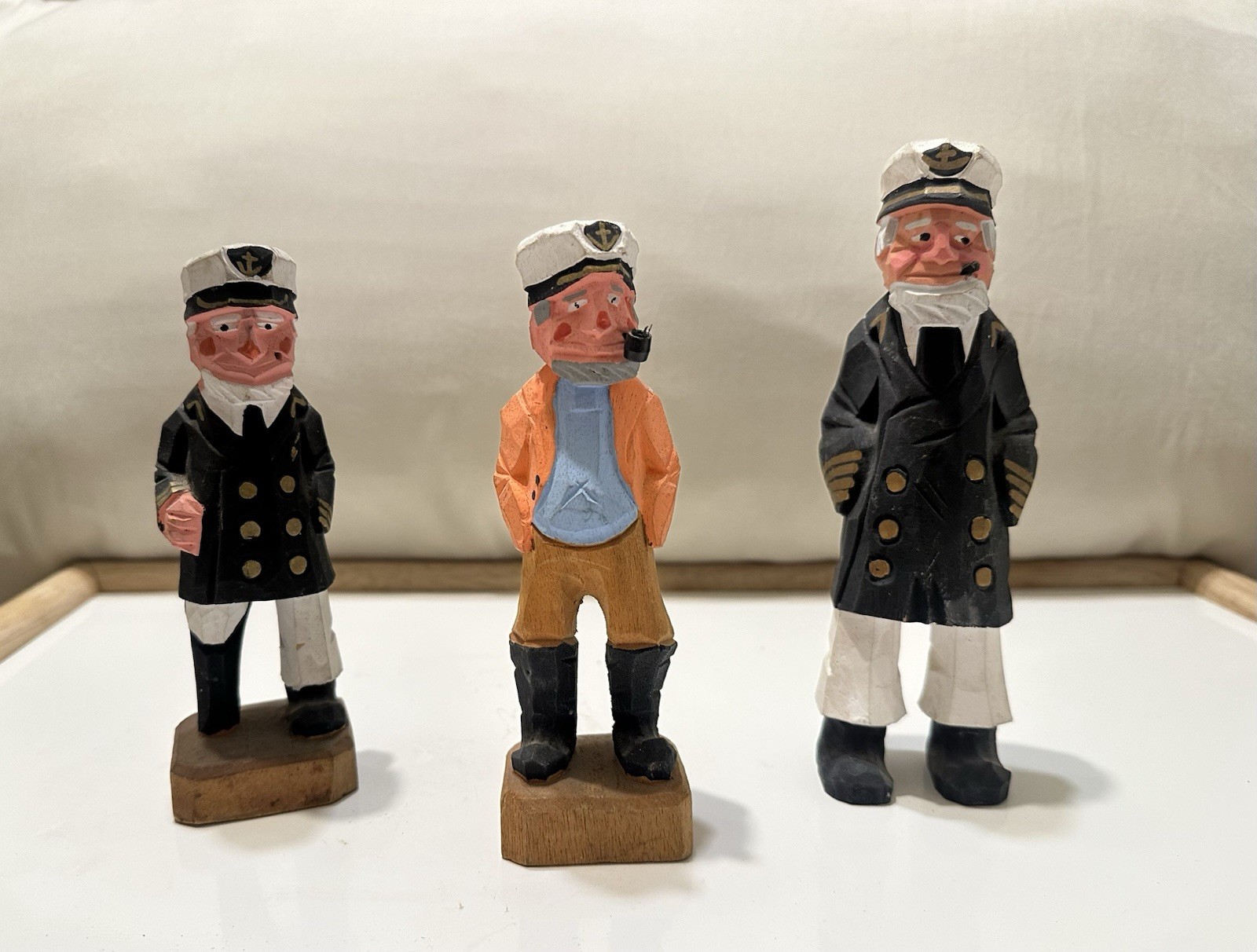 VTG Hand Carved Wooden Nautical Sailor Captain Fisherman Figures Set Of 3