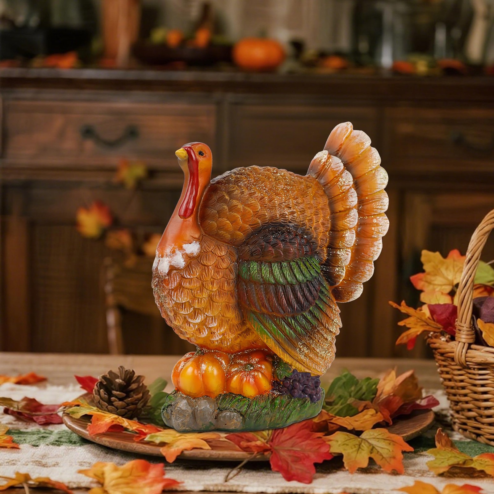Thanksgiving Turkey Centerpiece 9.5″ Resin With Pumpkin Fall Table Decorations