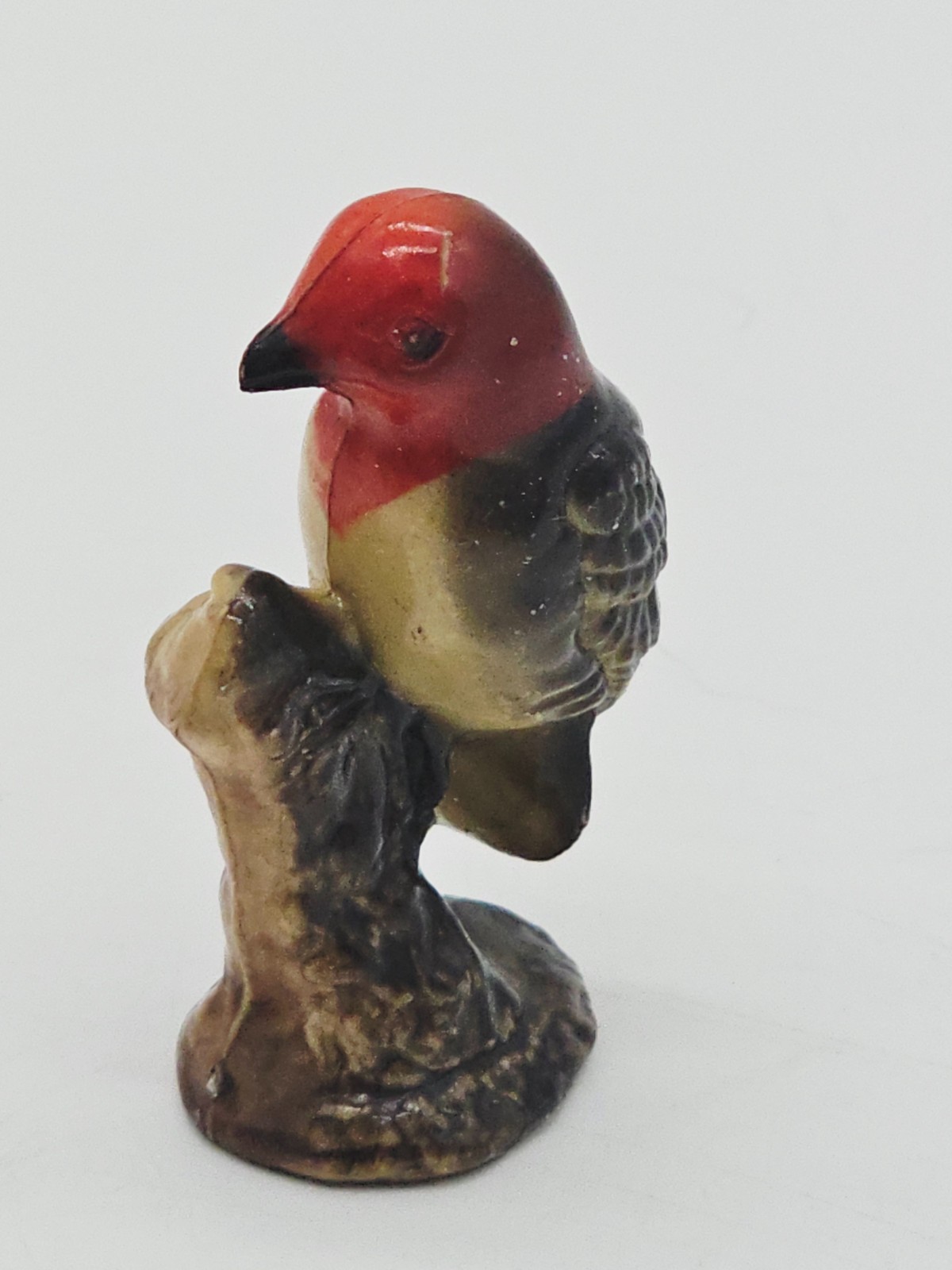 Vintage Red Headed Woodpecker Figurine Hard Plastic 2.5 inch Mid Century Bird