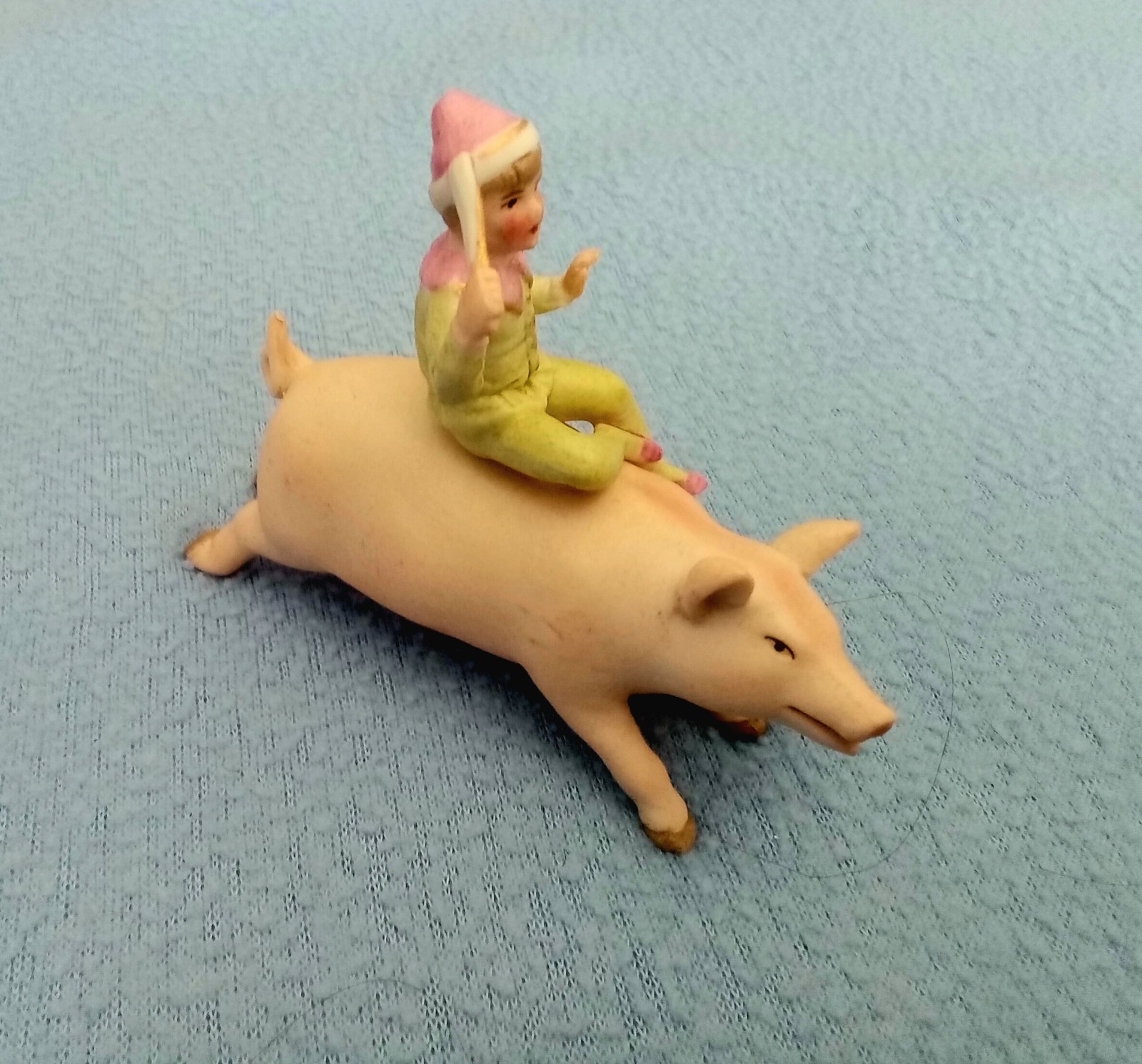 Vintage German Bisque Hertwig & Co. Young Boy On Back Of Running Pig