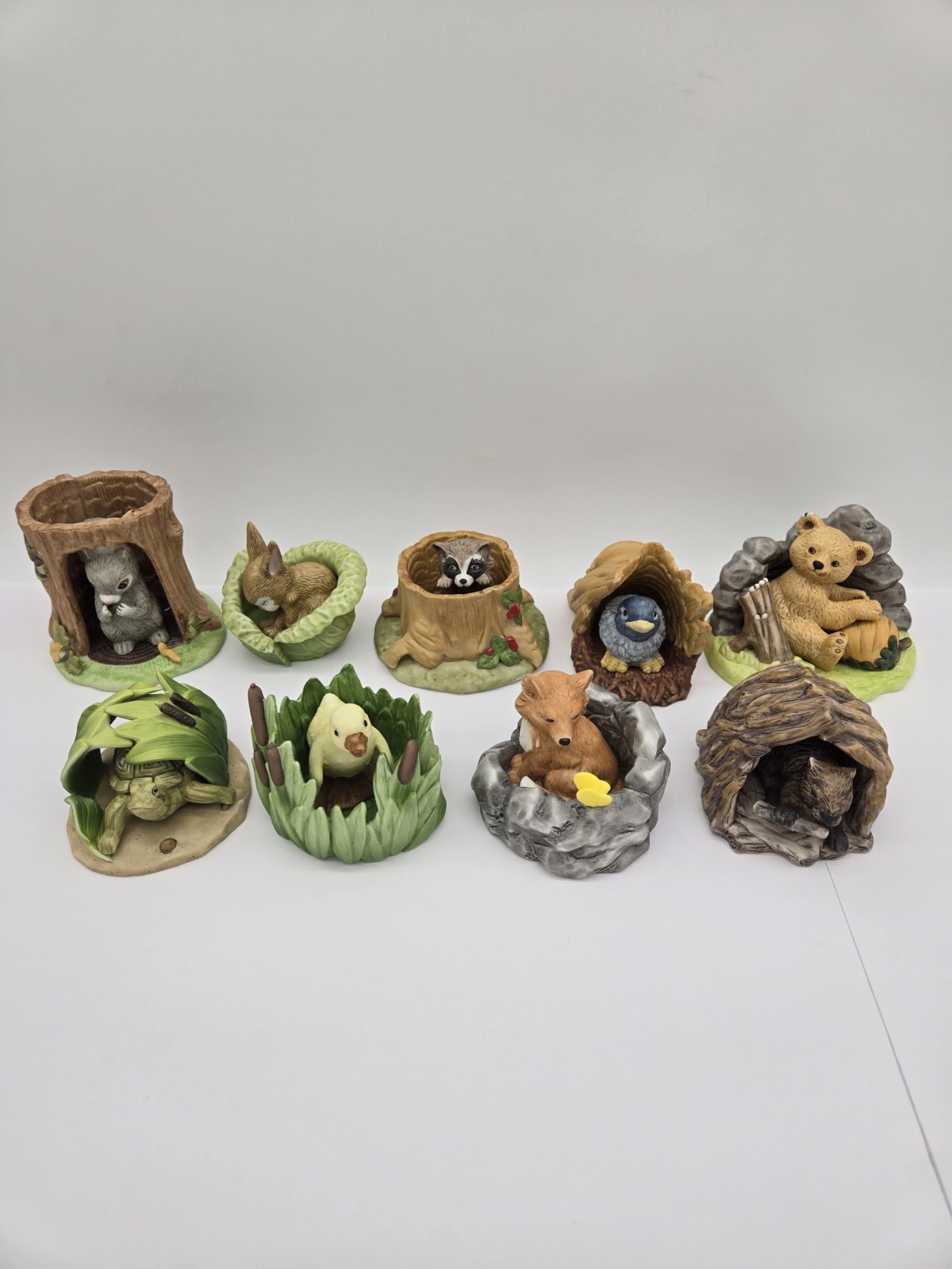 Lot Of 9 Woodland Surprises Porcelain Animals Raccoon Fox Beaver Squirrel Turtle