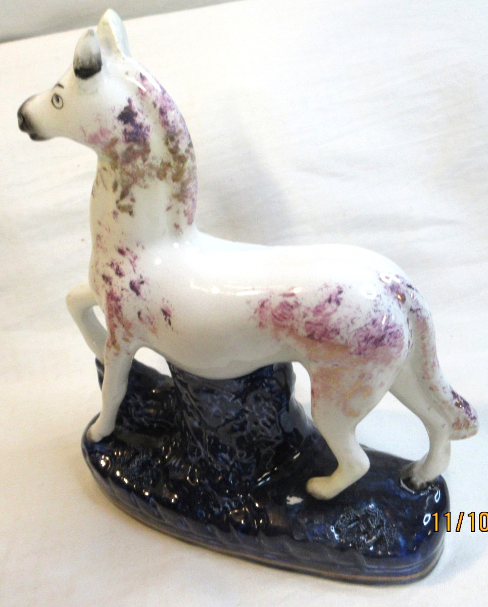 AMAZING~STAFFORSHIRE WARE ENGLAND~WHITE HORSE WITH PURPLE & GOLD ON BLUE BASE~
