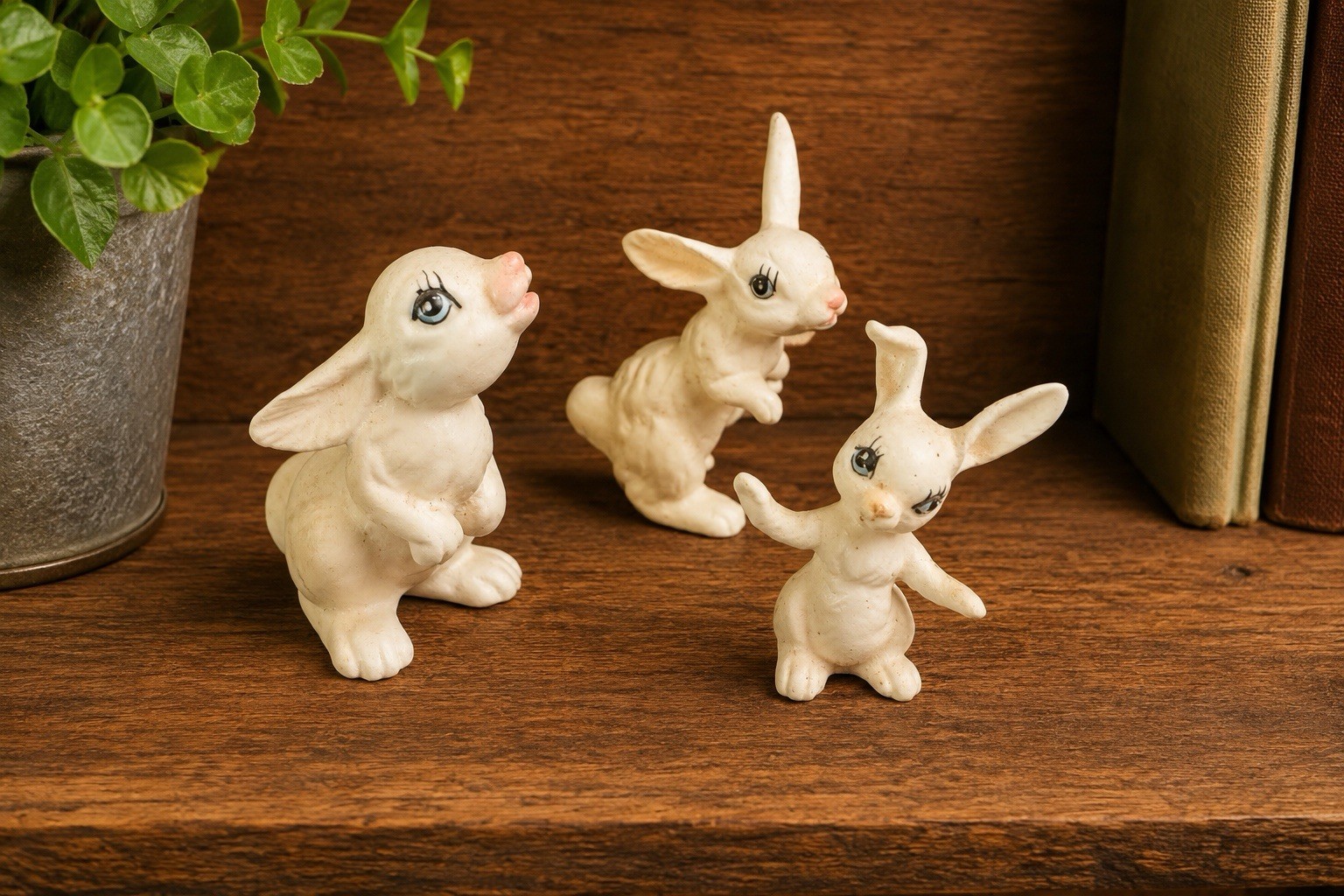 Vintage Unmarked Ceramic Bunny Rabbit Figurines Set of 3 Cute Anthropomorphic