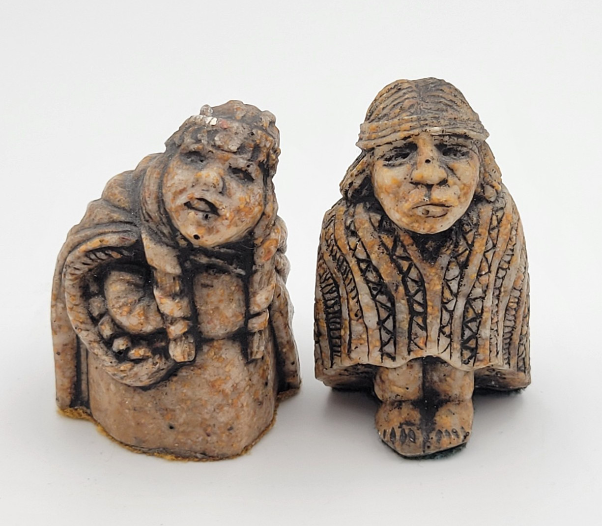 Vintage From Chile Carved Stone Folk Art Figurines Indigenous Man Woman Signed