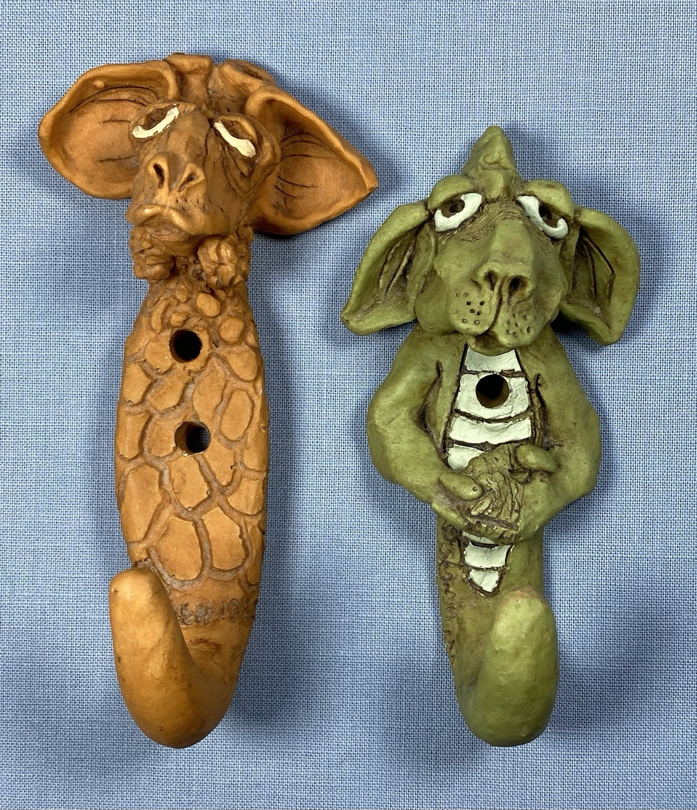 2 Green Brown Dragon Monster Pottery Wall Hooks Curious Critters 1981 1982 Fun!