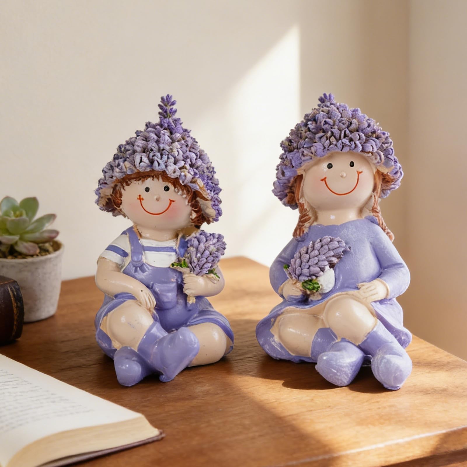 2-Piece Garden Statues Outdoor Lavender Boy and Girl Figurines Set Spring Fig…