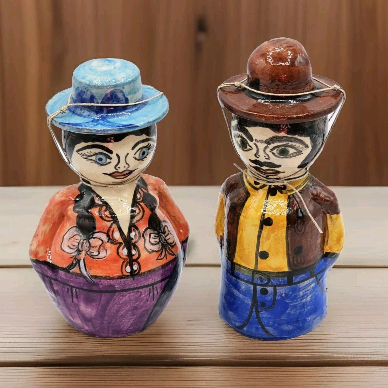 Folk Art Red Clay Ceramic Figures Container Removable Hats Woman & Man Vintage